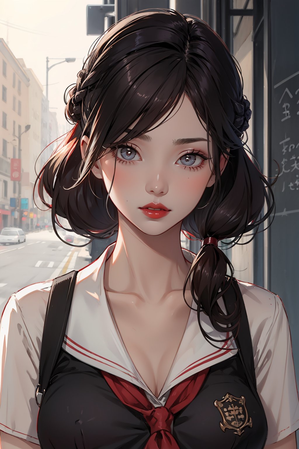 portrait,(Random_hairstyle:1.5),big red lips, pale_skin,detailed skin,girl,school uniform,