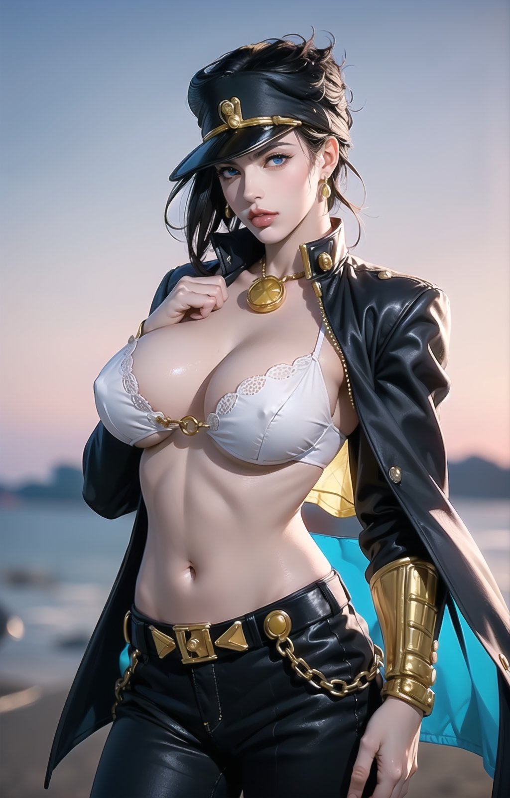 (masterpiece, best quality, ultra high res, 8k, extremely detailed), (perfect anatomy:1.5), ((JOJO'S BIZARRE ADVENTURE)), (((Jotaro Kujo cosplay))),(1girl, cute girl, shiny body, shiny skin,huge breasts), (black hair, short bob hair, hairband, blue eyes),looking at viewer, (cowboy shot:1.2), perfect hands, perfect fingers,perfect light