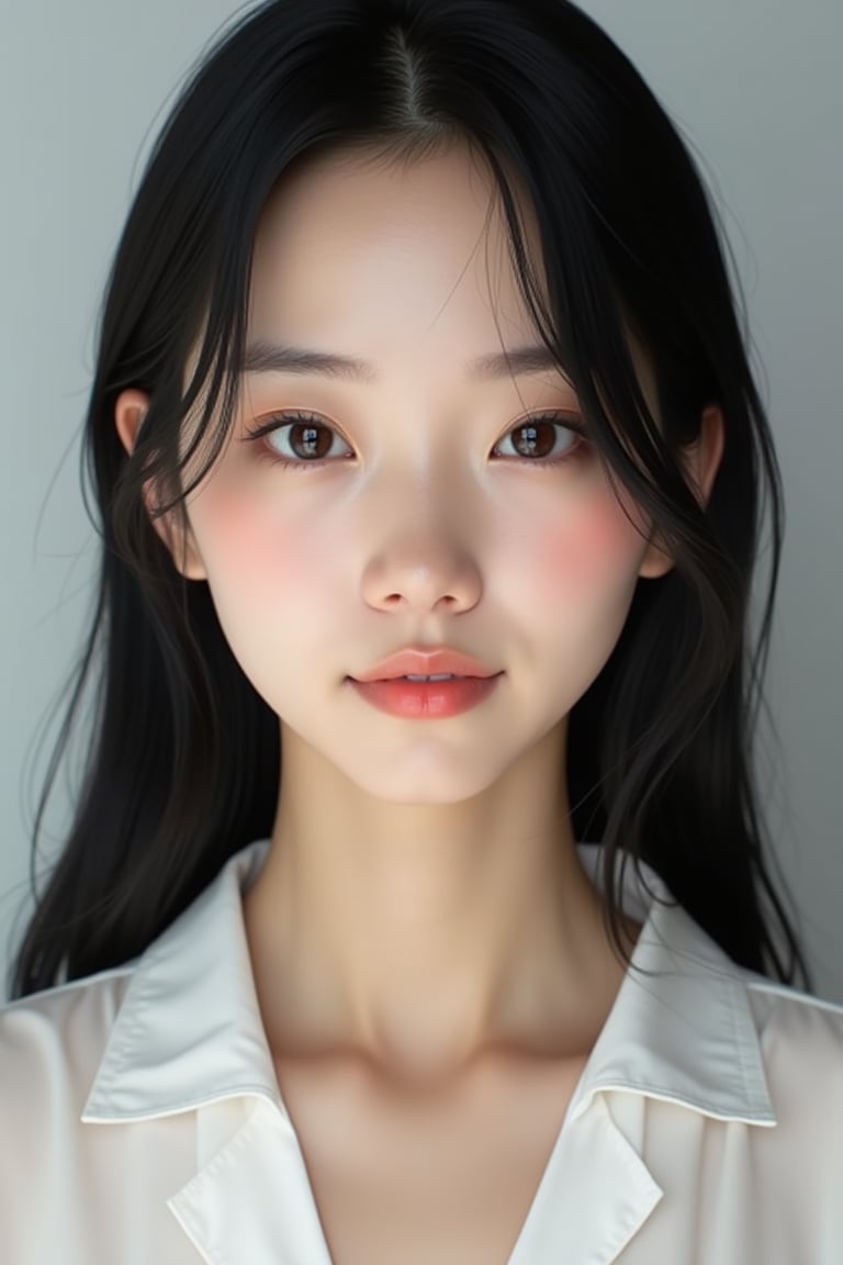 A photorealistic portrait of a young Asian woman with straight black hair, neatly styled, and flawless, glowing skin. She has a calm expression with slightly pursed lips and almond-shaped dark eyes that reflect soft studio lighting. She is dressed in a minimalist white blouse, and the background is a light gray gradient that emphasizes her features. The focus is on capturing intricate details such as skin texture, hair strands, and the subtle play of light and shadow on her face.