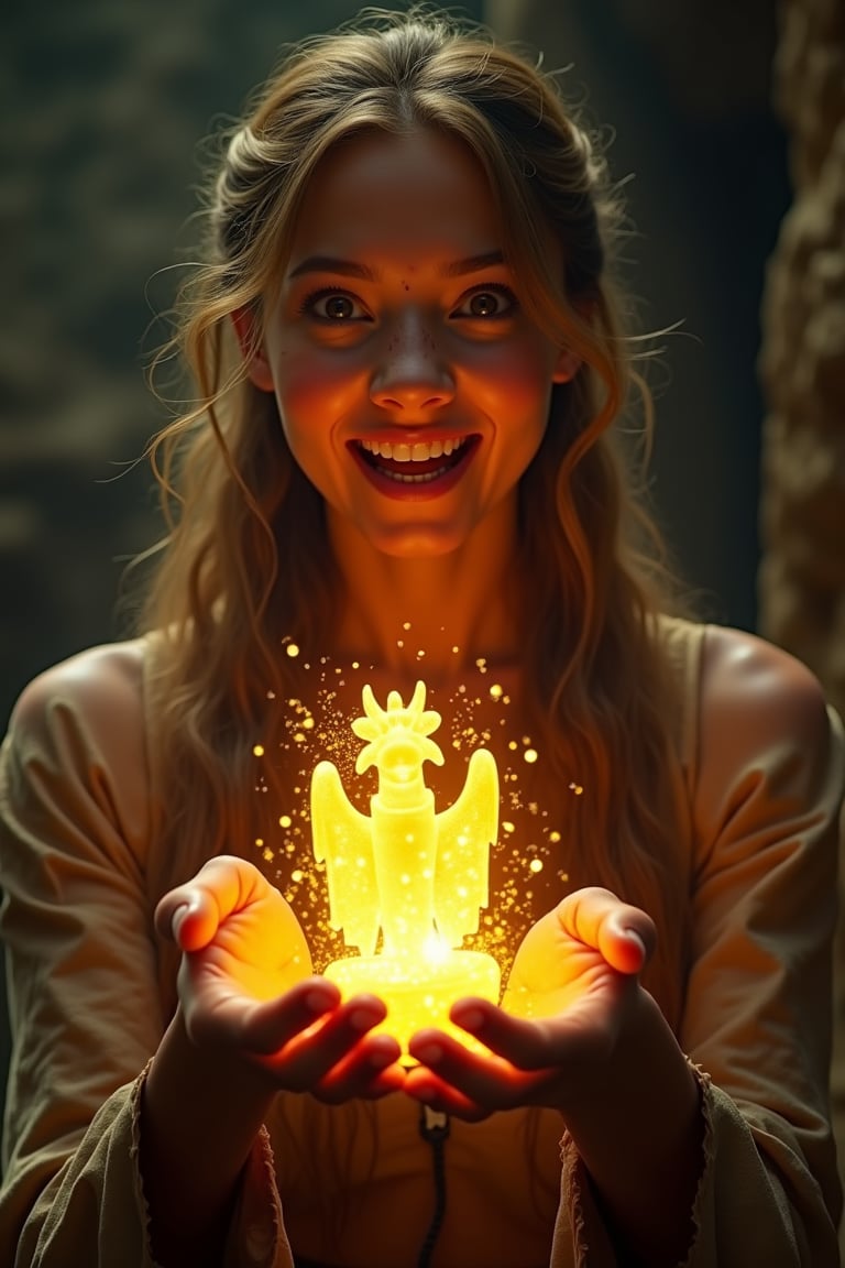 Epic Adventure Shot: UHD, fantasy action movie still, half-body portrait of an astonished smiling 30-year-old medieval explorer. She holds a glowing 1-foot tall dragon-shaped idol crackling with energy, its golden light casting dramatic shadows on her face. The ruins behind her are ancient and dark, illuminated only by the idol’s intense glow. Cinematic realism, high-action pose, realistic skin textures, intricate facial details, perfect eyes, expressive gaze, HD, 8k, film grain for added depth,