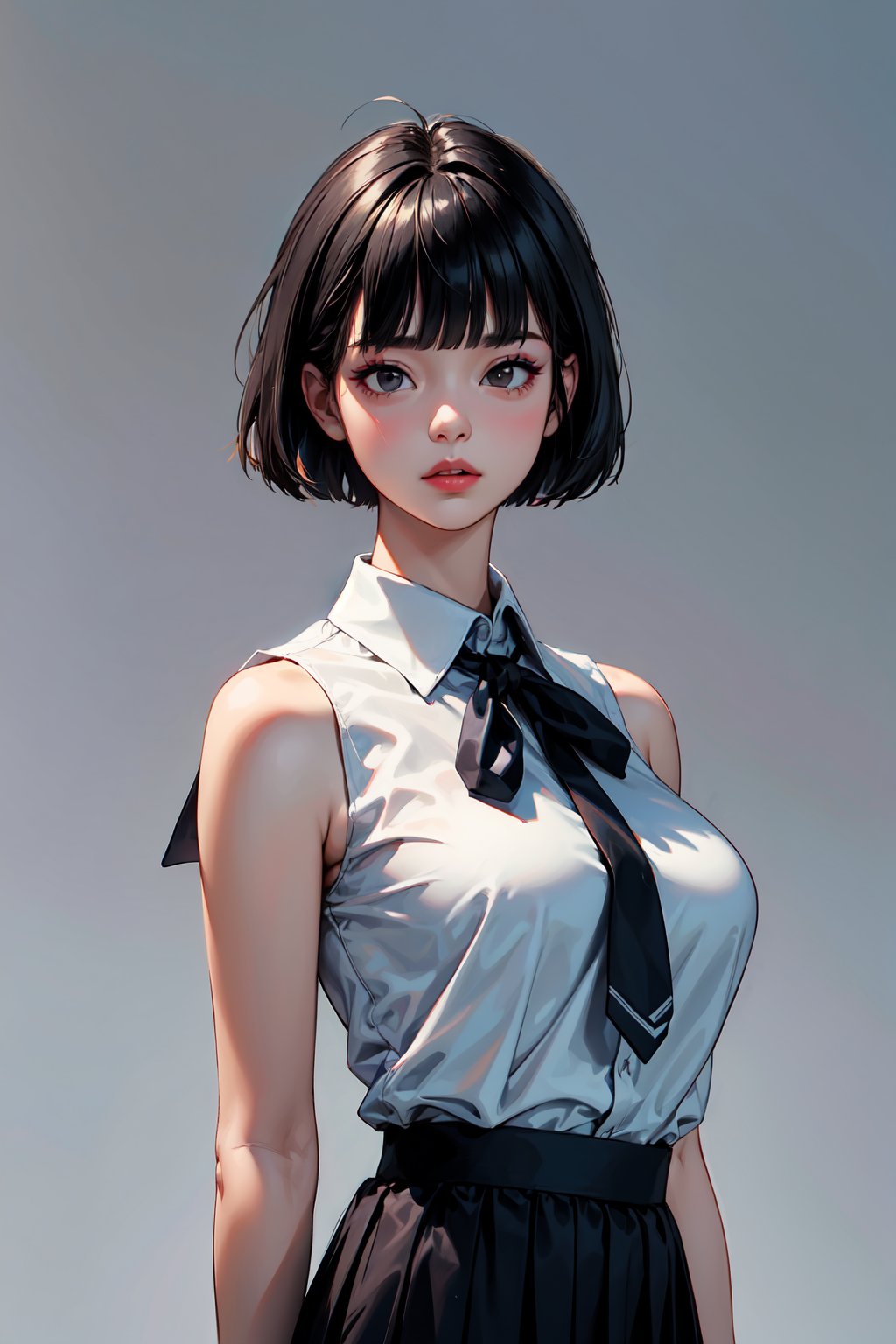 ((masterpiece,best quality,absurdres)),(girl),solo,(black hair),blunt bangs,short hair,(School uniform,sleeveless),big breasts,make up,(upper body:1.3),(model_stance:1.2),simple_background,