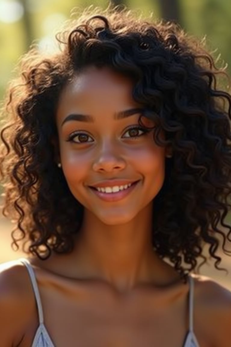 A photorealistic portrait of a young woman with light brown skin and curly black hair. She has large, expressive brown eyes and wears a soft smile. The background is a softly blurred natural setting with warm sunlight filtering through trees, casting a golden glow on her face. The lighting is natural and highlights the subtle details in her skin texture and hair. The portrait is framed from the shoulders up.