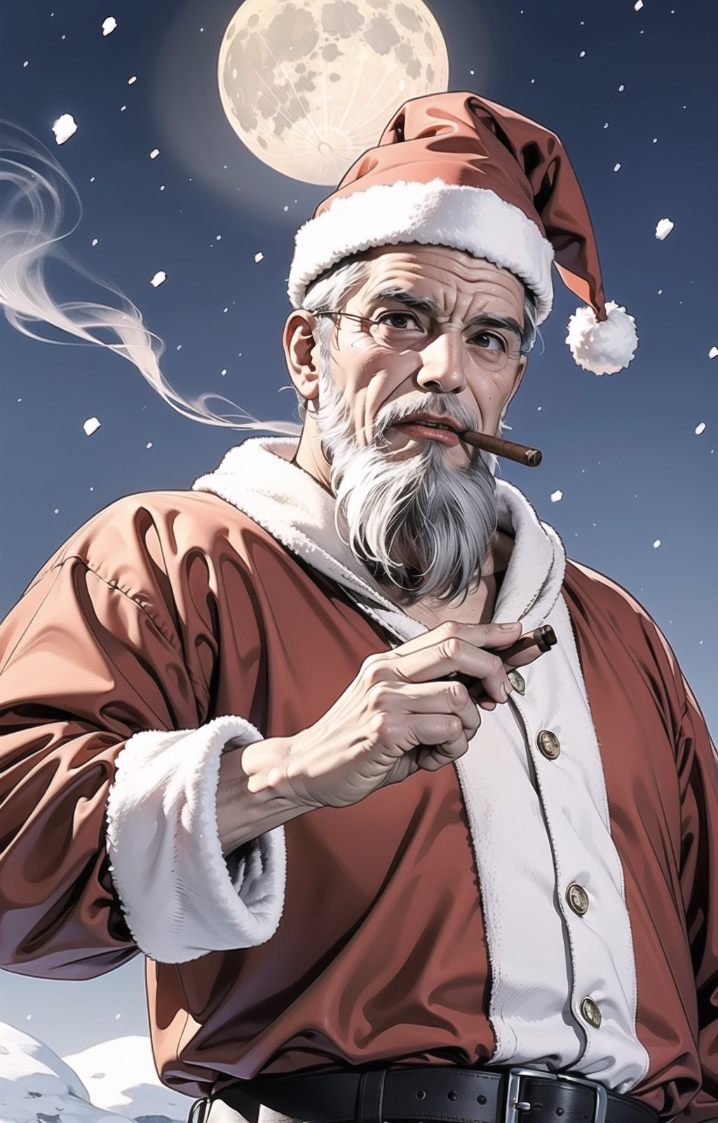 solo,((old man)),Santa Claus beard,(cowboy shot:1.2),santa hat,Naked upper body,(muscular),Mouth smoking a cigar,falling_snow,moon,night_sky,boichi manga style