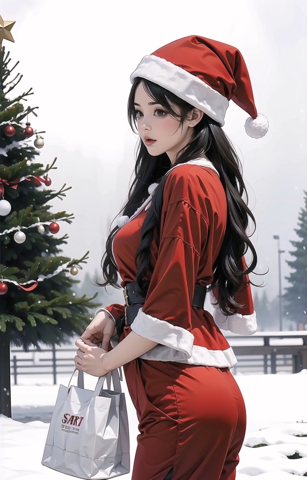 boichi manga style,solo,((mature female)),(long hair),(Random_hairstyle:1.5),middle breasts,cowboy shot,Santa Claus suit,santa hat,snow,Christmas tree,