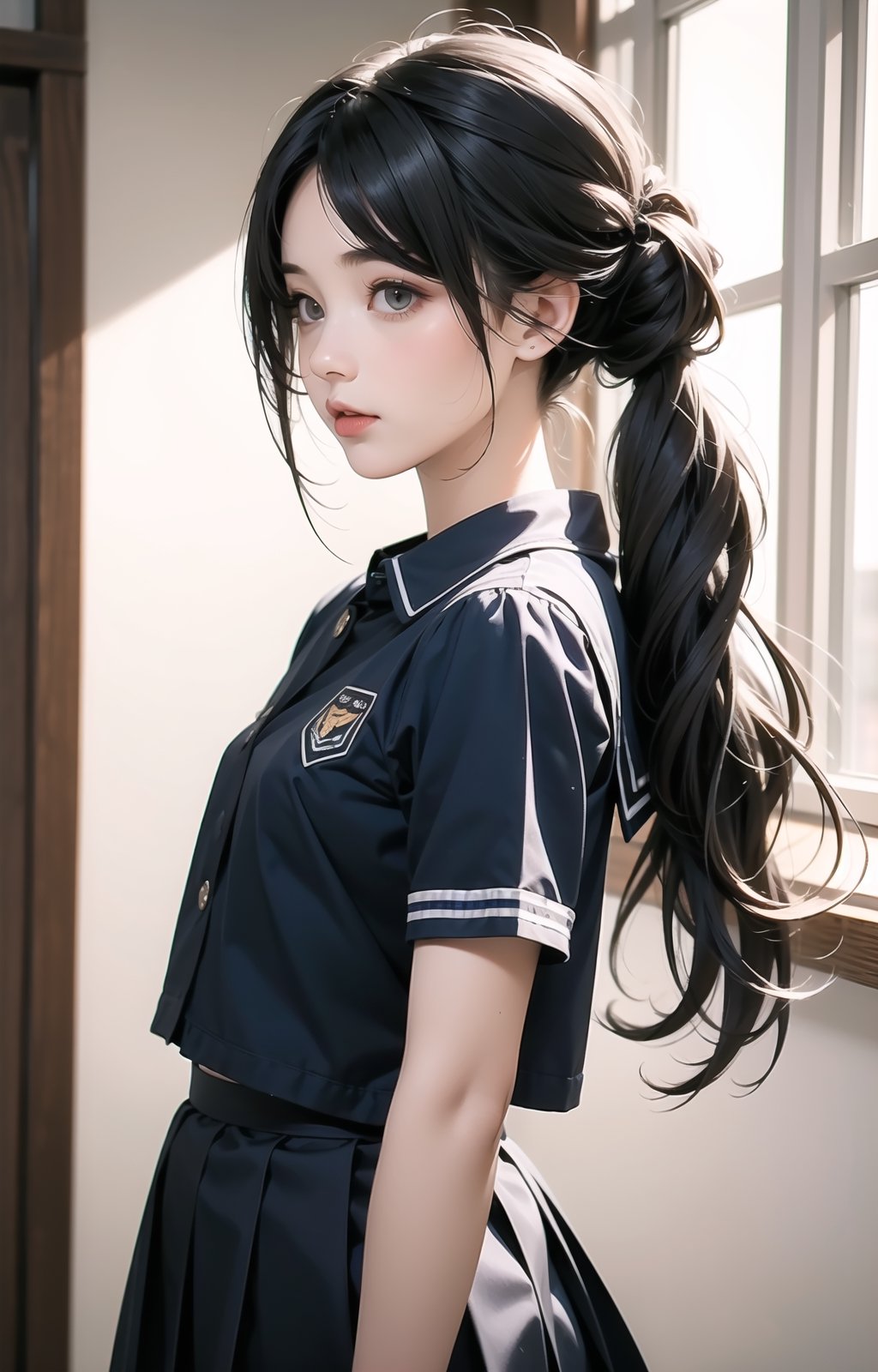 solo, ((little girl)),(long hair),(Random_hairstyle:1.5),cowboy shot,Realism,short sleeve student uniform,skirt,