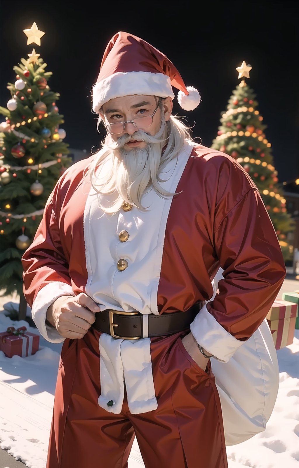 solo,((Santa Claus)),cowboy shot,christmas_hat,snow,christmas tree,(muscular),night,on the street,Santa Claus beard,