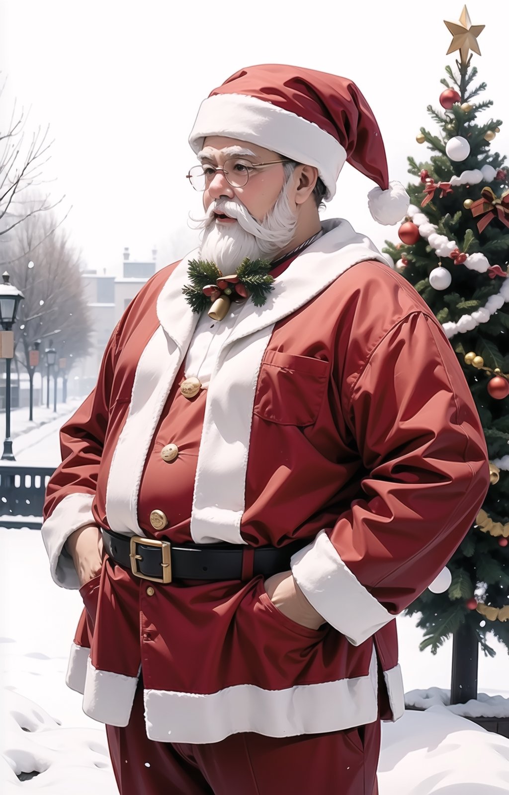 solo,((Santa Claus)),cowboy shot,christmas_hat,snow,christmas tree,(fat:1.3),