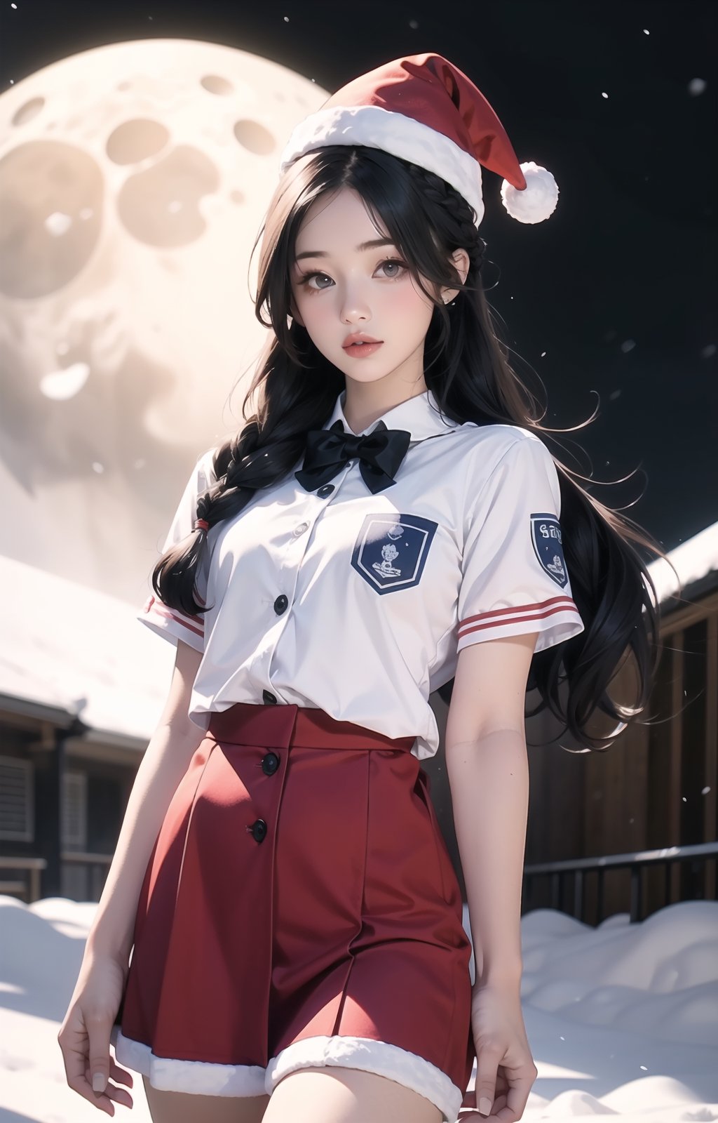 solo, ((little girl)),(long hair),(Random_hairstyle:1.5),cowboy shot,Realism,short sleeve student uniform,skirt,santa hat,moon,snow,