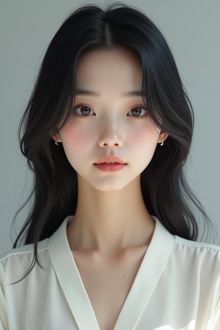 A photorealistic portrait of a young Japanese woman with straight black hair, neatly styled, and flawless, glowing skin. She has a calm expression with slightly pursed lips and almond-shaped dark eyes that reflect soft studio lighting. She is dressed in a minimalist white blouse, and the background is a light gray gradient that emphasizes her features. The focus is on capturing intricate details such as skin texture, hair strands, and the subtle play of light and shadow on her face.