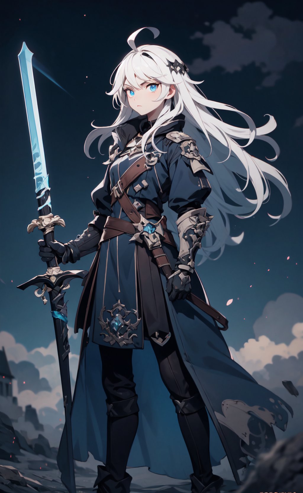 (detailed face: 1.2), Best quality, masterpiece, serious, ultra-high resolution, (photorealistic: 1.2), (best quality)), ((masterpiece)), 1girl, solo, very long hair, white hair, ahoge, blue eyes, expressionless, cowboy shot, looking at viewer, black castle background, standing, black and blue coat, closed mouth, flat chest, staff, black trim, wielding sword, straight hair, black gauntlets, cold attitude, blue energy, dark energy, blue haze, big moon, clouds, dark sky, thunder, blue lightning, pale skin, photorealistic,  full image, full body, hyper-realistic, camera glare, film grains, uncompressed UHD 8K format, cinematic lights, cinematic colors, bokeh camera blur, Realism,3DMM