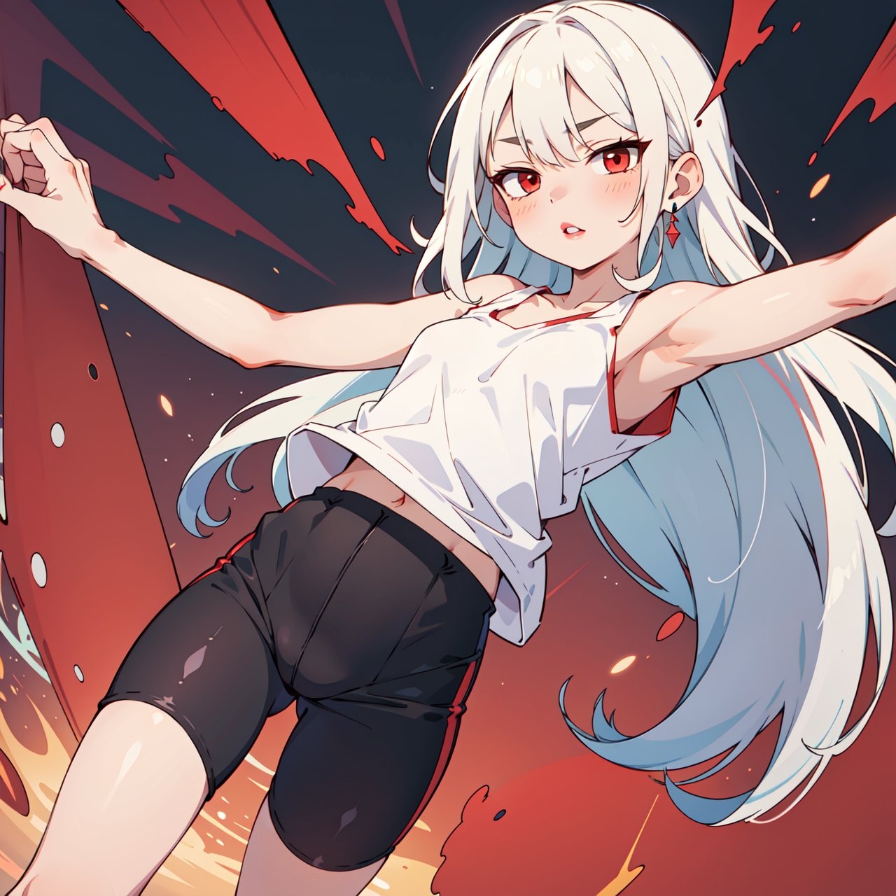 1girl, solo, flat chest, red eyes, jitome, red lips, white hair, long hair, fit clothes, black biker shorts, white tank top, bare shoulders, stretching