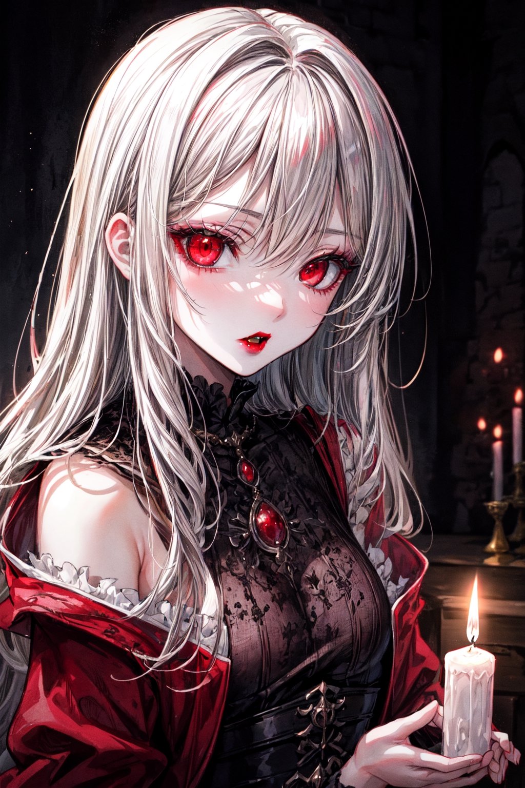 (better extreme quality lighting illustration), extremely detailed, detailed eyes, 1girl (vampire), long white hair, red eyes, red lips, small breasts, wearing medieval clothing, close up, rustic castle background scene, illuminated by candles, a supernatural horror film lighting giving a cinematic tone.