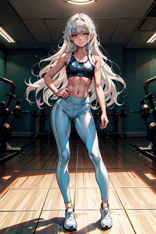masterpiece, best quality, illustration, full body, body facing viewer, 1girl, white long hair, emotionless, small breast, leggins, sport bra,  workout.