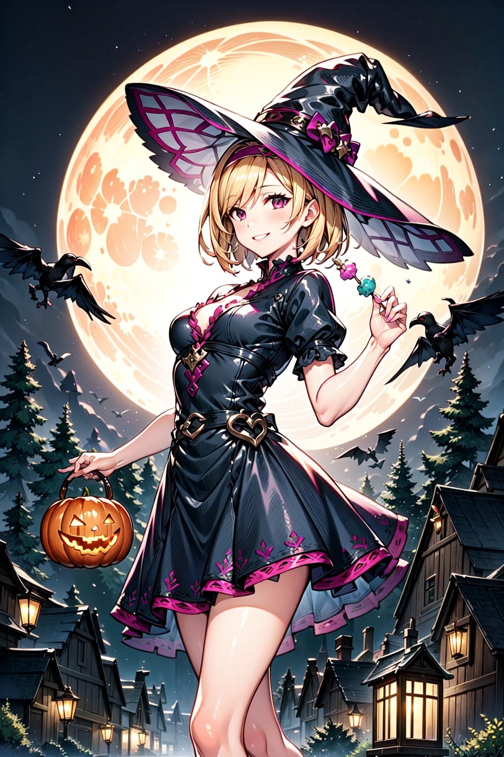 1girl, solo, blonde, short hair, sidelocks, Pink hairband, medium breasts, light smile, black dress, Witch hat, pumpkins, night, haunted forest, ravens, full Moon, Candy bag, legwears, short dress.,Blonde