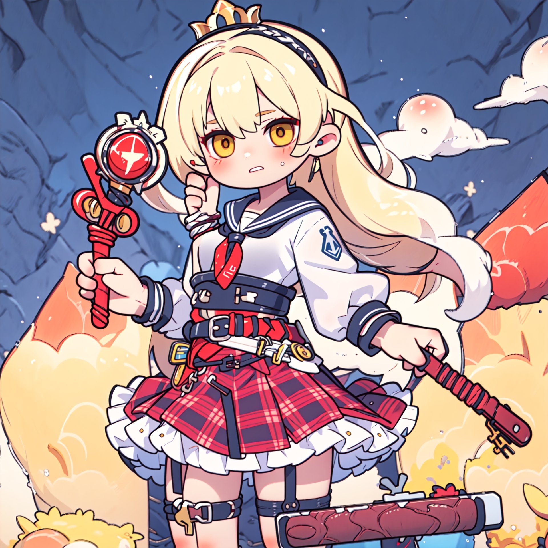 high_res, 1girl, female_solo, (tall girl), blonde, very long hair, blonde, tiny_breasts, school_girl uniform, white_shirt, plaid_skirt, short skirt, skindentation, arrogant, stockings, garterbelt, (holding a whip:1.6), yellow eyes, school background, crown hairband, 