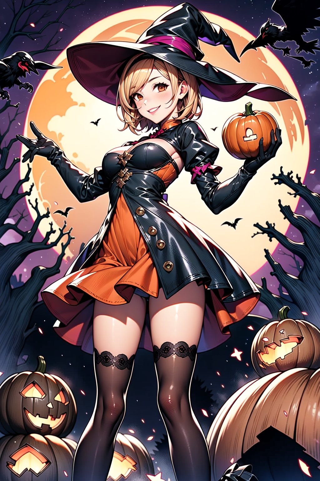 1girl, solo, blonde, short hair, sidelocks, Pink hairband, medium breasts, light smile, black dress, Witch hat, pumpkins, night, haunted forest, ravens, full Moon, Candy bag, legwears, short dress, (Orange dress:1.2) White and black clothing, black leather panty