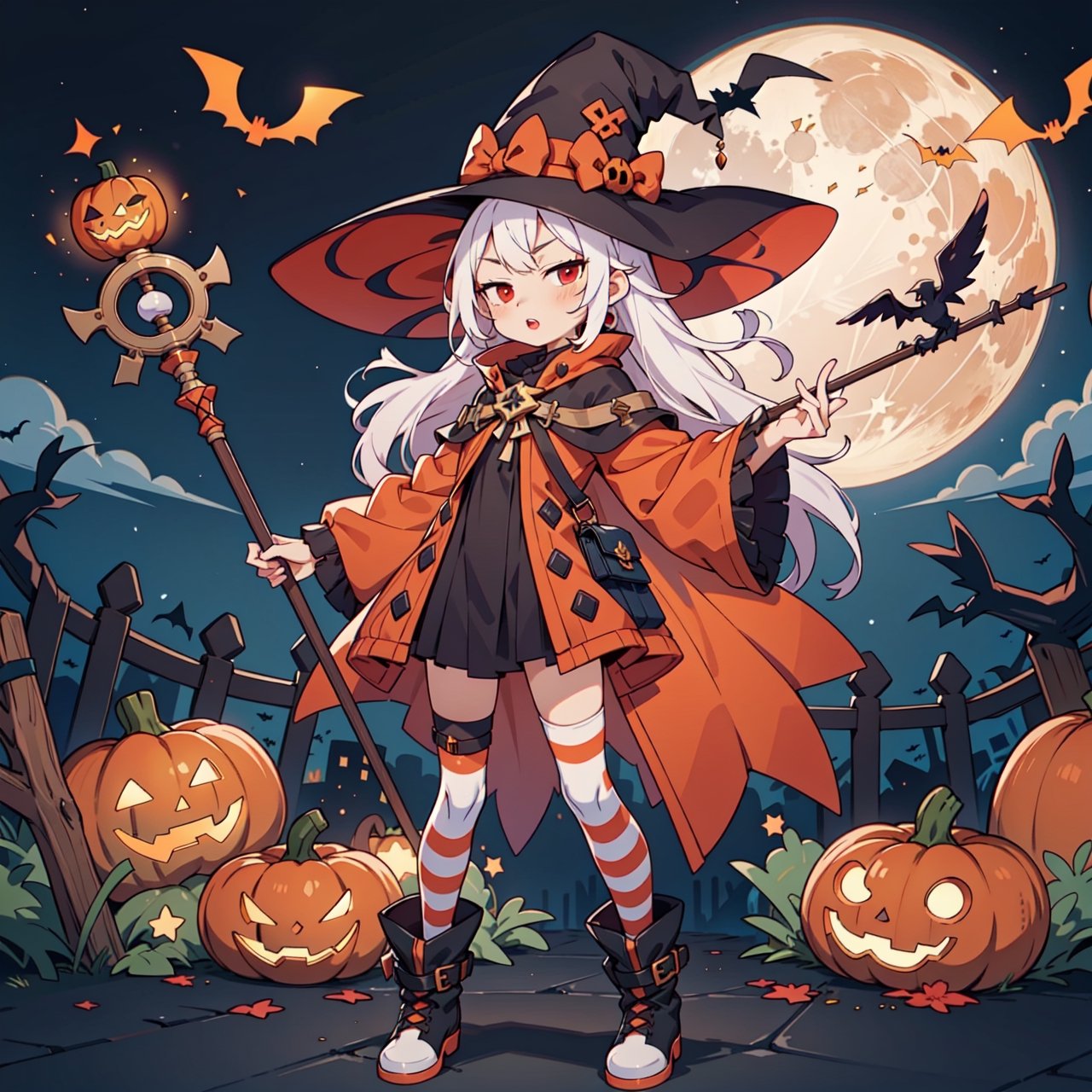 1girl, solo, flat chest, red eyes, jitome, red lips, white hair, long hair, black with dress, long striped tights, boots, staff, witch hat, pumpkins, halloween decorations, night, full moon, raven