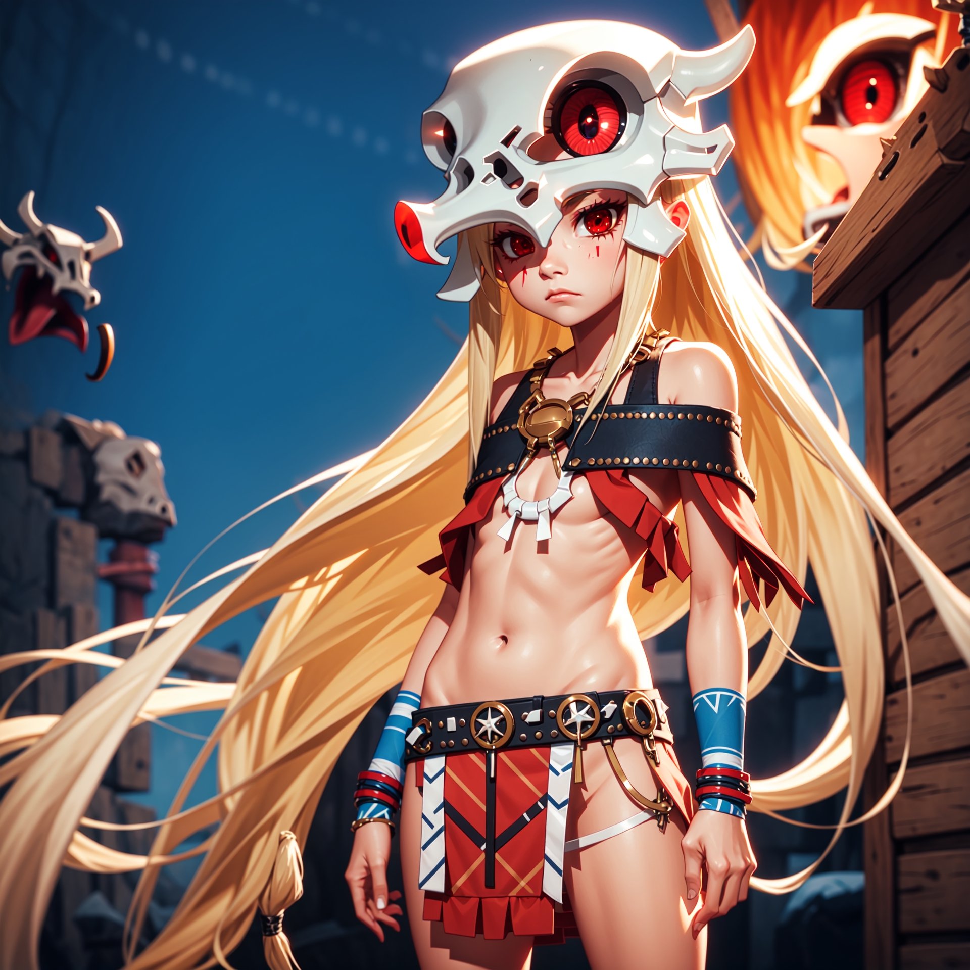 1girl, white long hair, red eyes, small breats, emotionless, savage clothes, white clotes, tribal, Savage_Design,  looking at viewer, cowboy shot, cinematic composition,Savage_Design