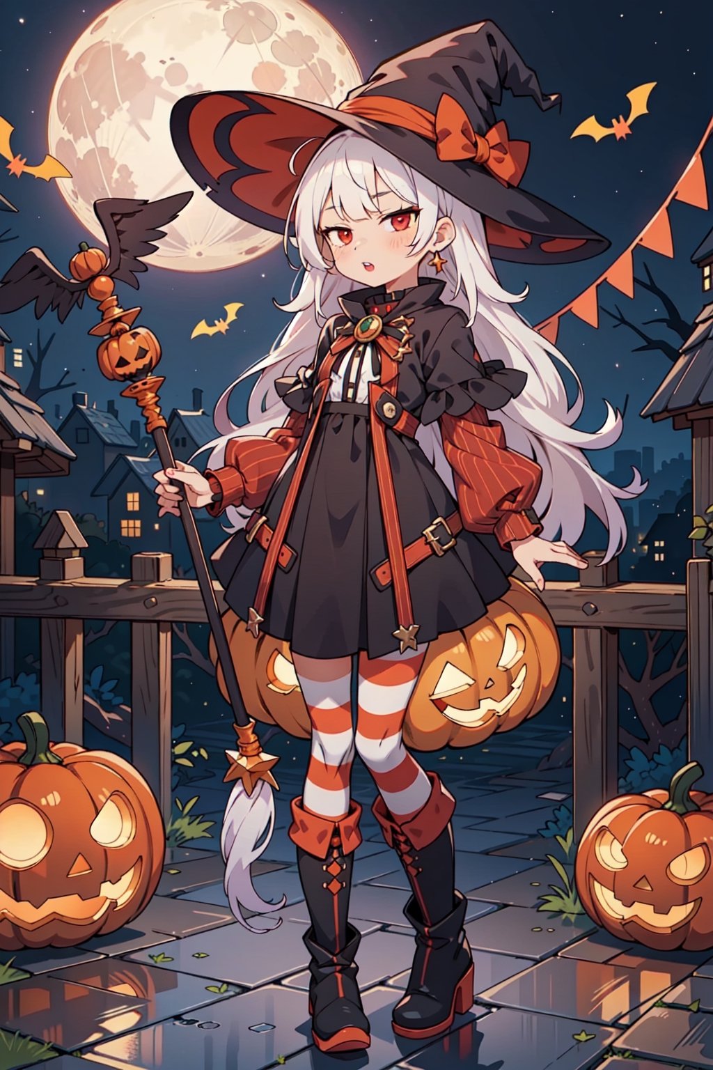 1girl, solo, flat chest, red eyes, jitome, red lips, white hair, long hair, black with dress, long striped tights, boots, staff, witch hat, pumpkins, halloween decorations, night, full moon, raven