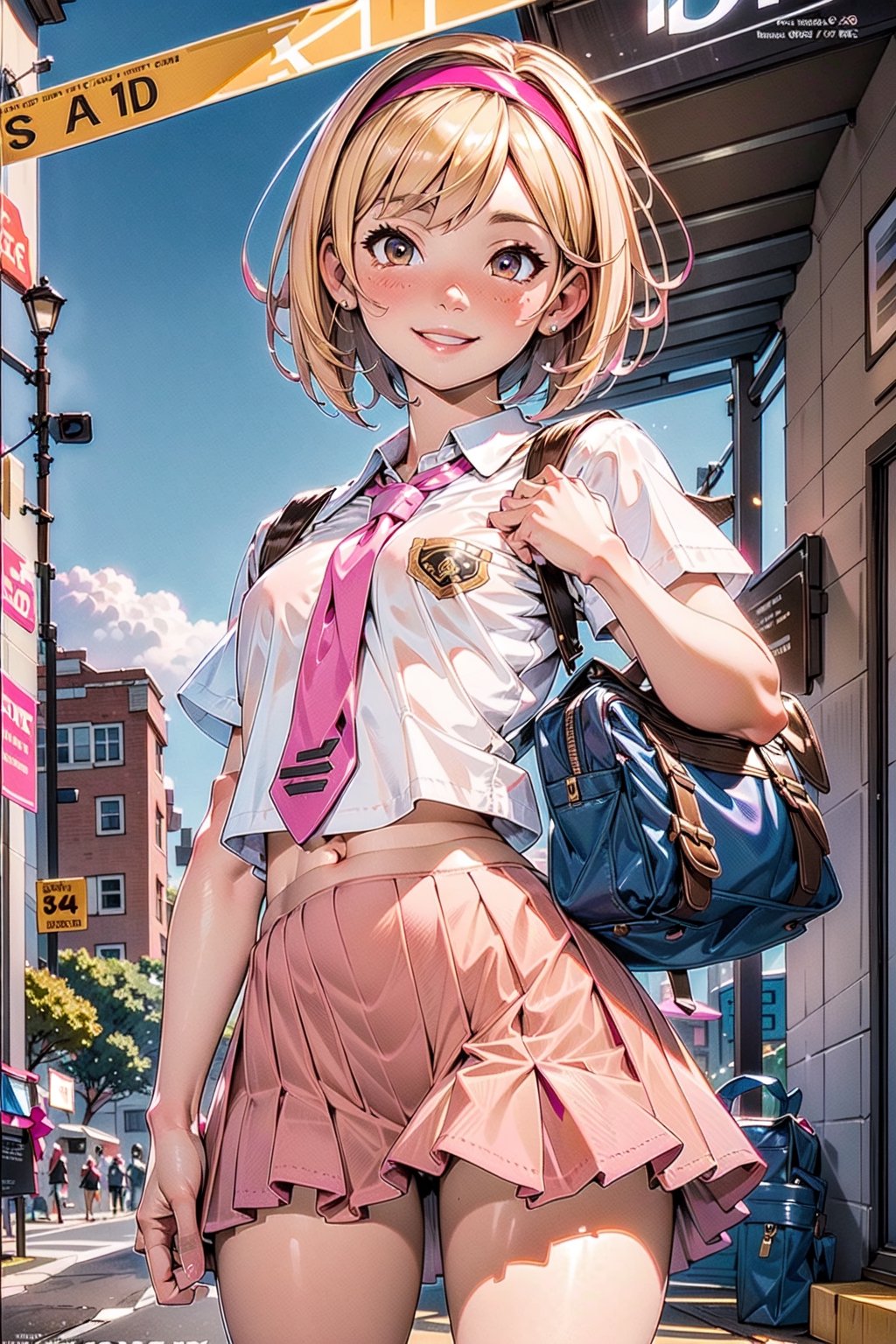 (magazine cover, english text:1.3), 1girl, Blonde, short hair, pink hairband, small breasts, brown eyes, standing, school uniform, white shit, pink skirt, necktie, hair accesories, schoolbag, smile, ((masterpiece, best quality)), raw photo, 4k hdr, (photorealistic:1.4),EnvyBeautyMix23