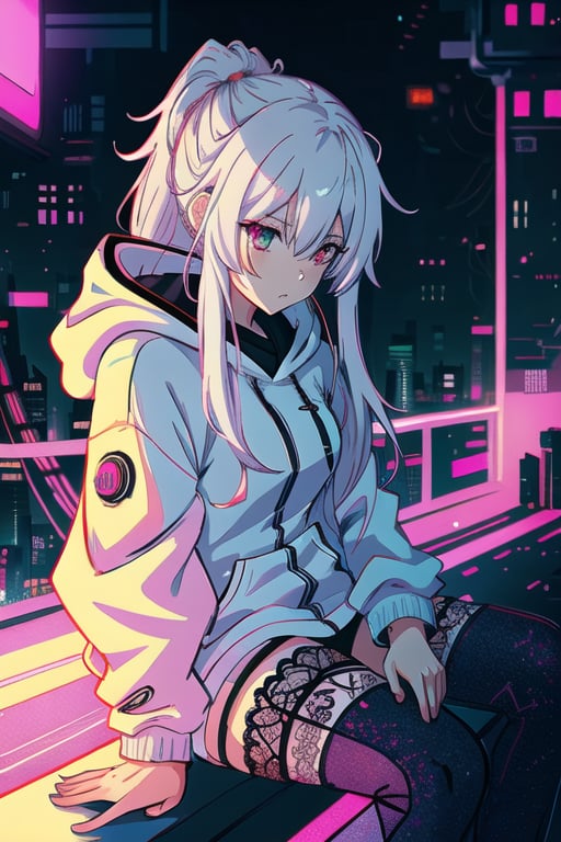anime girl with White long hair and a white jacket and  lace panties, bottomless, sitting, anime style 4 k, cyberpunk anime girl in hoodie, anime style. 8k, anime art wallpaper 8 k, style anime, cyberpunk anime girl, anime vibes, anime art wallpaper 4 k, anime art wallpaper 4k, high quality anime artstyle, portrait anime space cadet girl, digital cyberpunk anime art
