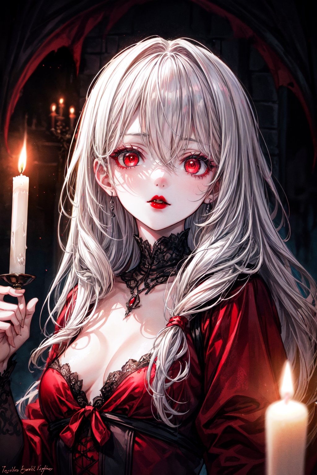 (better extreme quality lighting illustration), extremely detailed, detailed eyes, 1girl (vampire), long white hair, red eyes, red lips, small breasts, wearing medieval clothing, close up, rustic castle background scene, illuminated by candles, a supernatural horror film lighting giving a cinematic tone.