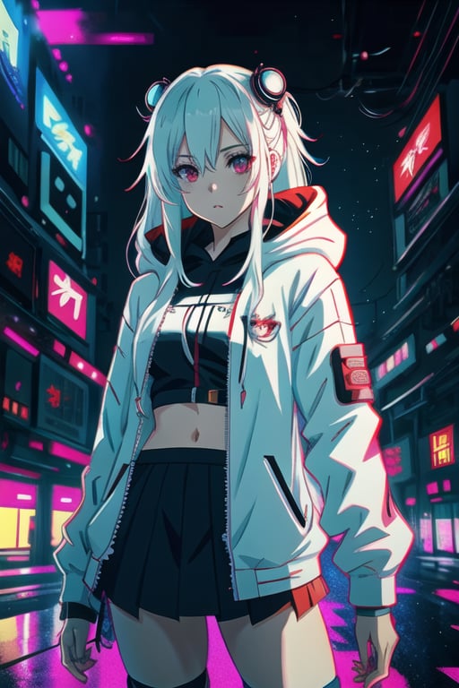 anime girl with White long hair and a white jacket and  lace panties, no skirt, anime style 4 k, cyberpunk anime girl in hoodie, anime style. 8k, anime art wallpaper 8 k, style anime, cyberpunk anime girl, anime vibes, anime art wallpaper 4 k, anime art wallpaper 4k, high quality anime artstyle, portrait anime space cadet girl, digital cyberpunk anime art