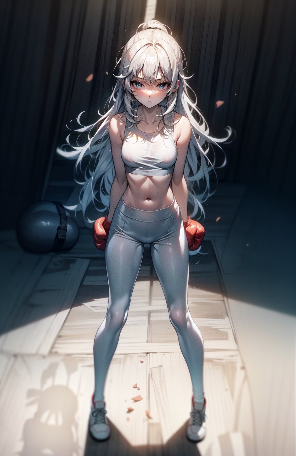 masterpiece, best quality, illustration, full body, body facing viewer, 1girl, white long hair, emotionless, small breast, leggins, sport bra,  hitting a boxing bag