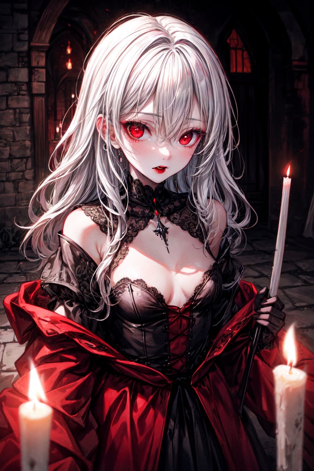 (better extreme quality lighting illustration), extremely detailed, detailed eyes, 1girl (vampire), long white hair, red eyes, red lips, small breasts, wearing medieval clothing, close up, rustic castle background scene, illuminated by candles, a supernatural horror film lighting giving a cinematic tone.