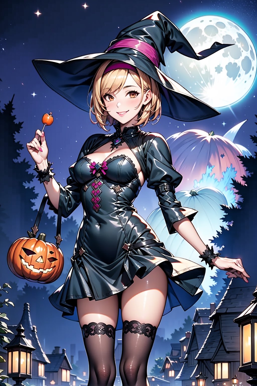 1girl, solo, blonde, short hair, sidelocks, Pink hairband, medium breasts, light smile, black dress, Witch hat, pumpkins, night, haunted forest, ravens, full Moon, Candy bag, legwears, short dress, (Orange:1.2) White and black clothing