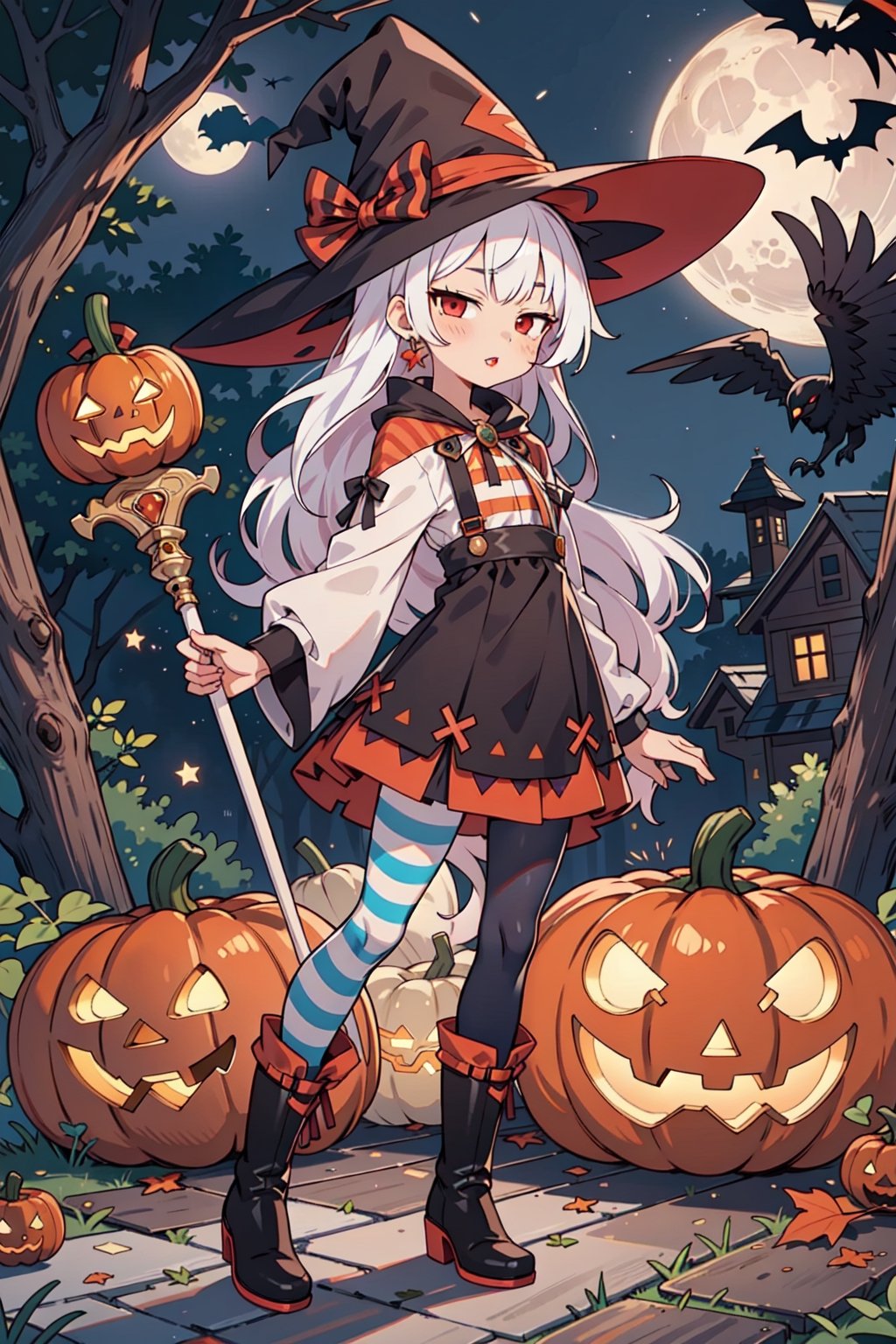 1girl, solo, flat chest, red eyes, jitome, red lips, white hair, long hair, black with dress, long striped tights, boots, staff, witch hat, pumpkins, halloween decorations, night, full moon, raven