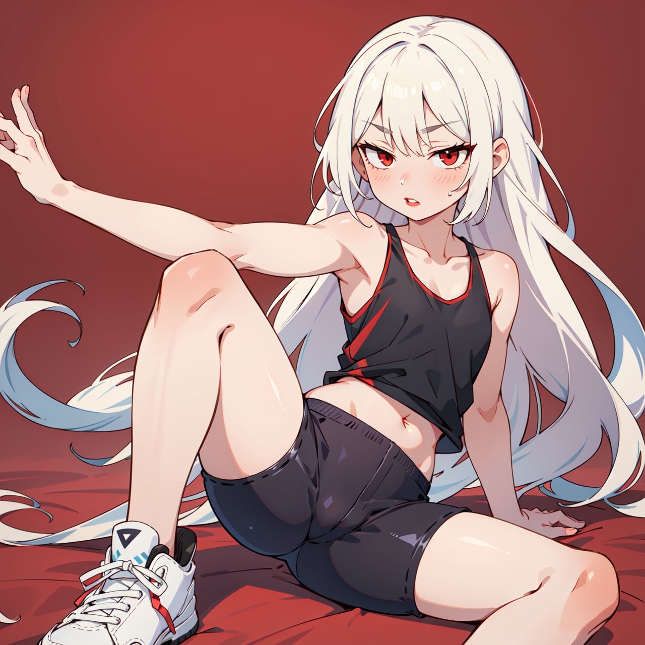 1girl, solo, flat chest, red eyes, jitome, red lips, white hair, long hair, fit clothes, black biker shorts, white tank top, bare shoulders, stretching