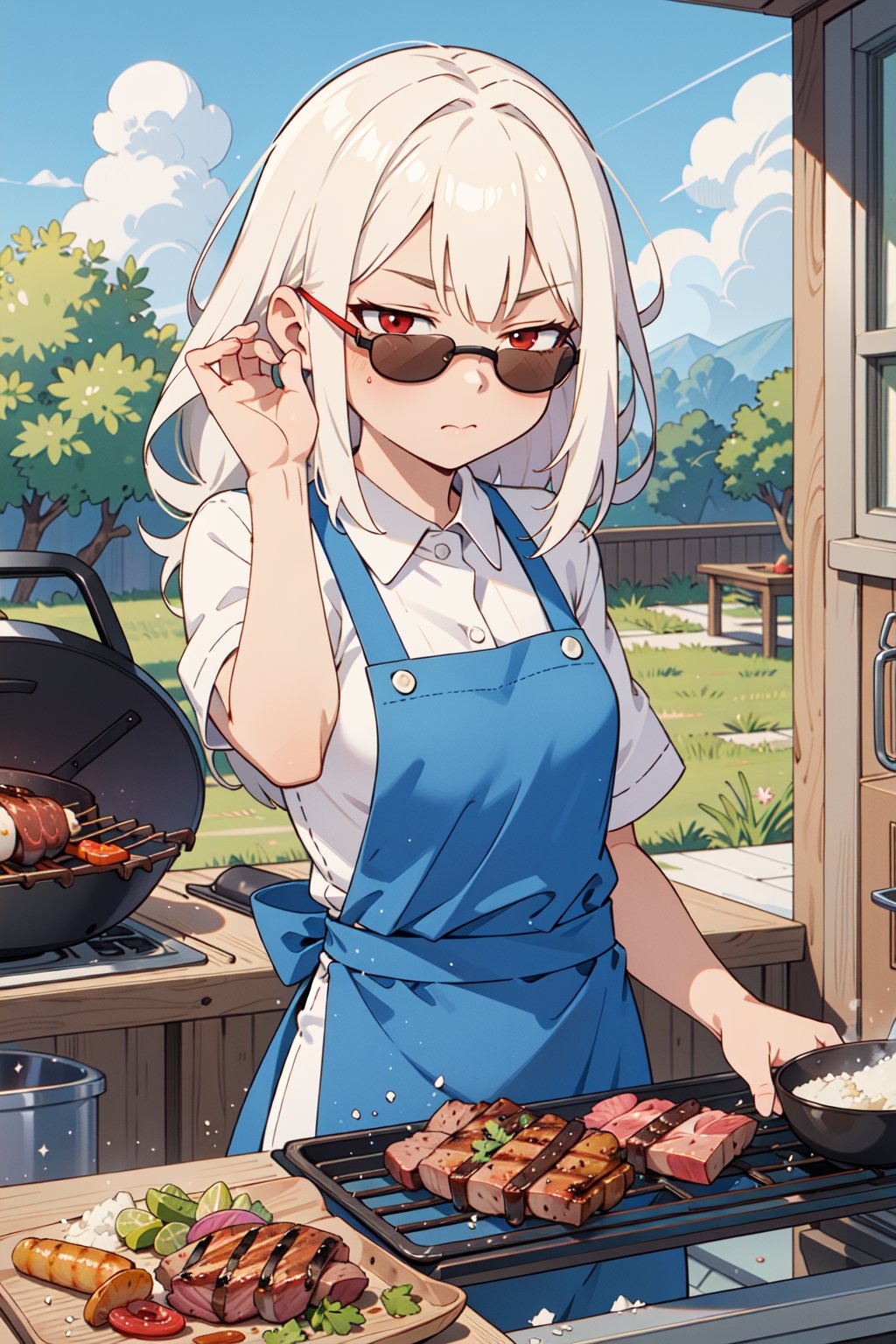1girl, white hair, long hair, jitome, red eyes, flat chest, solo, sunglasses, white shirt, kitchen apron
, SaltBaeMeme, throwing salt on food, outdoors, cooking meat, grill, blue sky, clouds