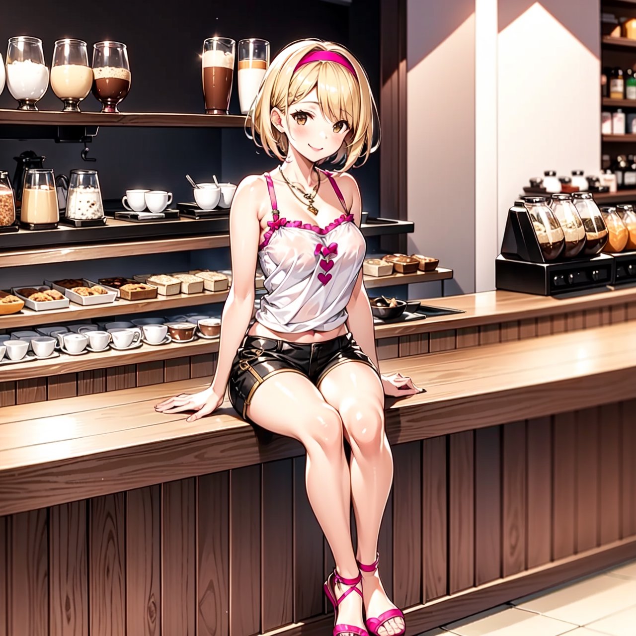 1girl, solo, (blonde:1.2), short hair, sidelocks, pink hairband, medium breasts, light smile, brown eyes, cafe, cofee bar, white shirt, black shorts, necklace, brazalet, bare shoulders, sitting, full body