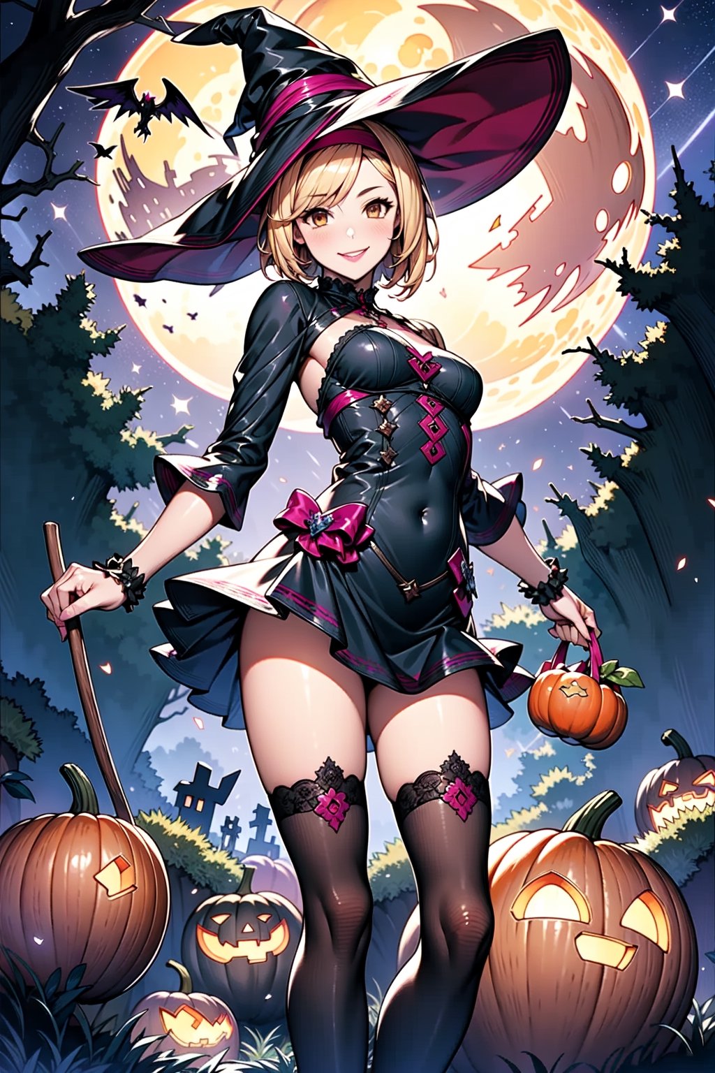 1girl, solo, blonde, short hair, sidelocks, Pink hairband, medium breasts, light smile, black dress, Witch hat, pumpkins, night, haunted forest, ravens, full Moon, Candy bag, legwears, short dress, (Orange:1.2) White and black clothing