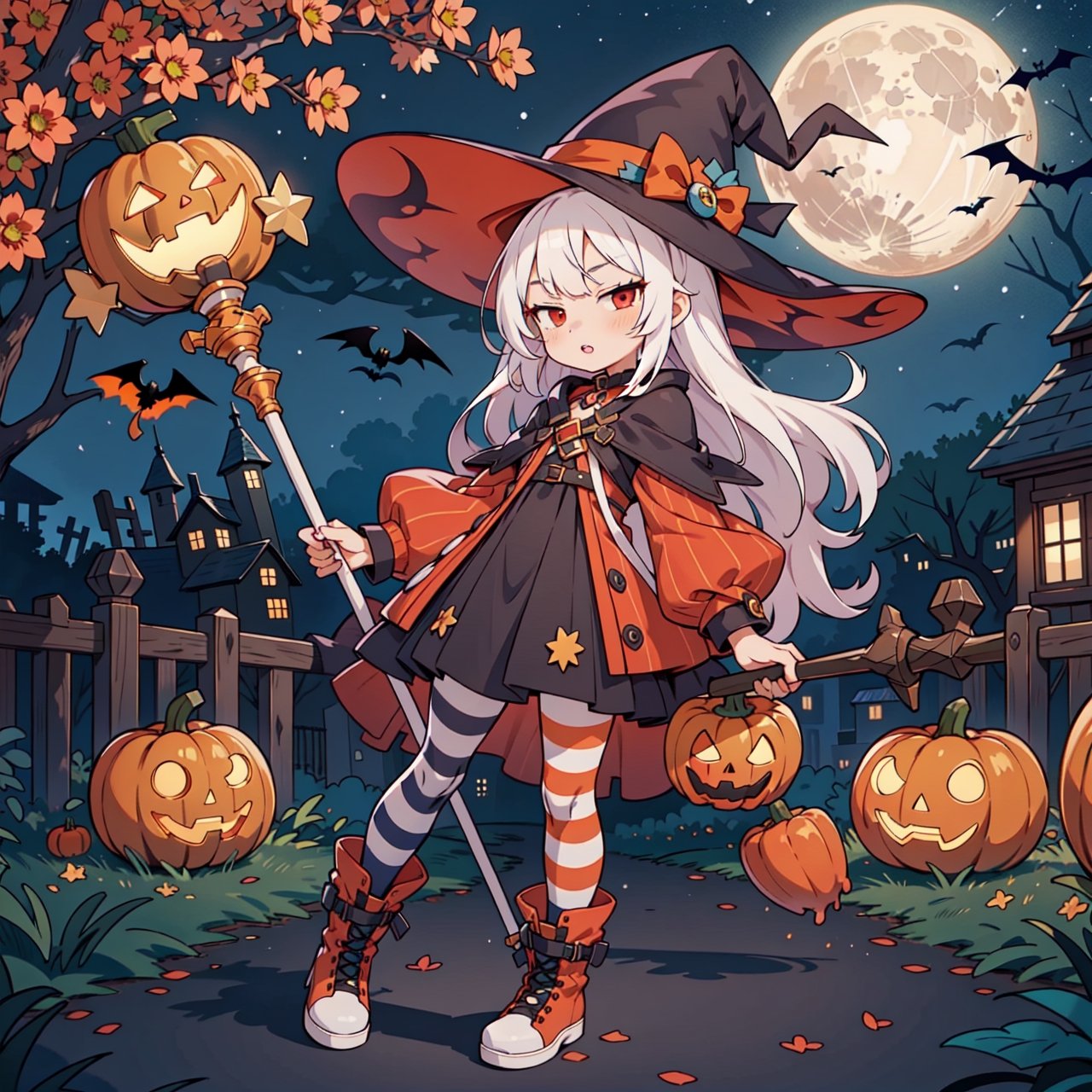 1girl, solo, flat chest, red eyes, jitome, red lips, white hair, long hair, black with dress, long striped tights, boots, staff, witch hat, pumpkins, halloween decorations, night, full moon, raven