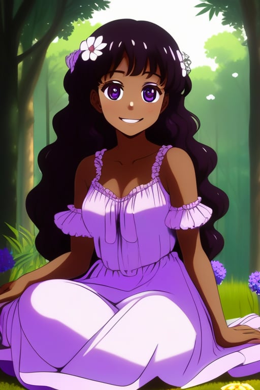 anime style/black woman/age 18/curly brown hair/long hair/one brown eye/big eyes/thick body/no blurriness/forest background//huh/purple dress/sitting/happy/smiling/flowers
