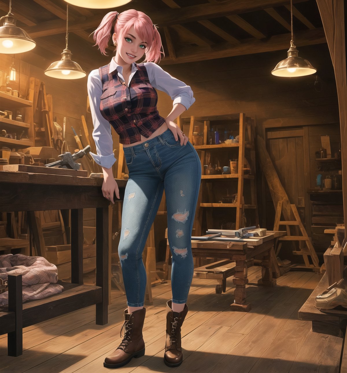 A razor-sharp 4K masterpiece with a realistic, futuristic style, rendered in ultra-high resolution with graphic detail. | A young 26-year-old woman, with short pink hair and two long pigtails, is dressed in a carpenter's outfit, consisting of a red and black checked shirt, jeans, work boots and a reflective vest with luminous clips. She has green eyes, she is looking at the viewer, while ((smiles, showing her teeth)). She finds herself in a carpentry shop, surrounded by wooden structures, metal structures and work tools. Light from spotlights and work lamps illuminate the room, creating dramatic shadows and highlighting details in the scene. | The image highlights the woman's figure, her clothes and accessories, as well as the carpentry elements around her. The details of the tools, wood and metal add realism to the image. | Soft, moody lighting effects create a tense, energetic atmosphere, while detailed textures on skin and fabrics add realism to the image. | A vibrant, futuristic scene of a young female carpenter in her workplace, exploring themes of strength, skill and female empowerment. | (((((The image reveals a full-body shot as she strikes a sensual pose, engagingly leaning against a structure within the scene in a thrilling manner. As she leans back, she assumes a sensual pose, leaning against the structure and reclining in an exciting way.))))). | ((full-body shot)), ((perfect pose)), ((perfect fingers, better hands, perfect hands)), ((perfect legs, perfect feet)), ((huge breasts)), ((perfect design)), ((perfect composition)), ((very detailed scene, very detailed background, perfect layout, correct imperfections)), More Detail, Enhance