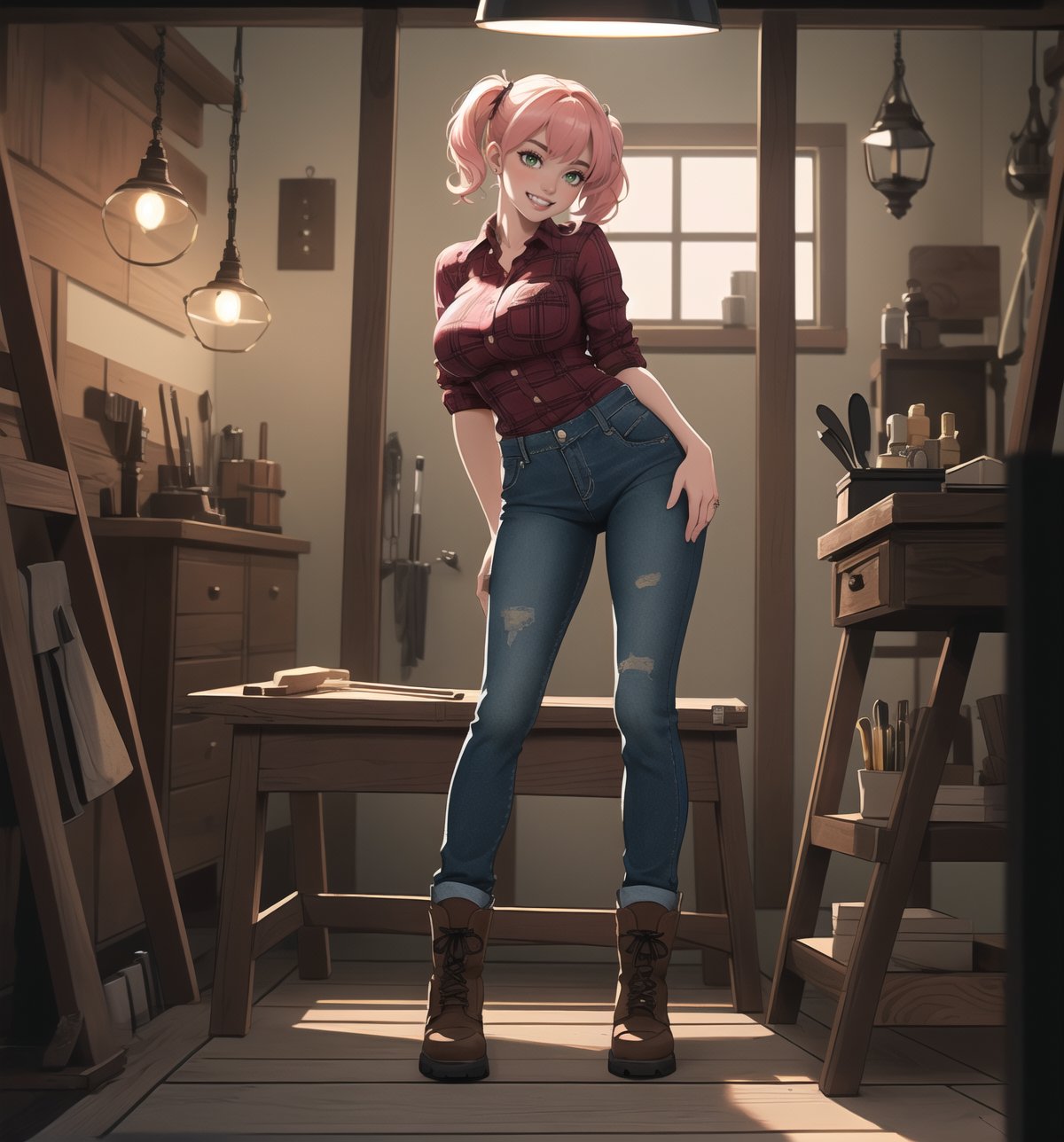 A razor-sharp 4K masterpiece with a realistic, futuristic style, rendered in ultra-high resolution with graphic detail. | A young 26-year-old woman, with short pink hair and two long pigtails, is dressed in a carpenter's outfit, consisting of a red and black checked shirt, jeans, work boots and a reflective vest with luminous clips. She has green eyes, she is looking at the viewer, while ((smiles, showing her teeth)). She finds herself in a carpentry shop, surrounded by wooden structures, metal structures and work tools. Light from spotlights and work lamps illuminate the room, creating dramatic shadows and highlighting details in the scene. | The image highlights the woman's figure, her clothes and accessories, as well as the carpentry elements around her. The details of the tools, wood and metal add realism to the image. | Soft, moody lighting effects create a tense, energetic atmosphere, while detailed textures on skin and fabrics add realism to the image. | A vibrant, futuristic scene of a young female carpenter in her workplace, exploring themes of strength, skill and female empowerment. | (((((The image reveals a full-body shot as she strikes a sensual pose, engagingly leaning against a structure within the scene in a thrilling manner. As she leans back, she assumes a sensual pose, leaning against the structure and reclining in an exciting way.))))). | ((full-body shot)), ((perfect pose)), ((perfect fingers, better hands, perfect hands)), ((perfect legs, perfect feet)), ((huge breasts)), ((perfect design)), ((perfect composition)), ((very detailed scene, very detailed background, perfect layout, correct imperfections)), More Detail, Enhance