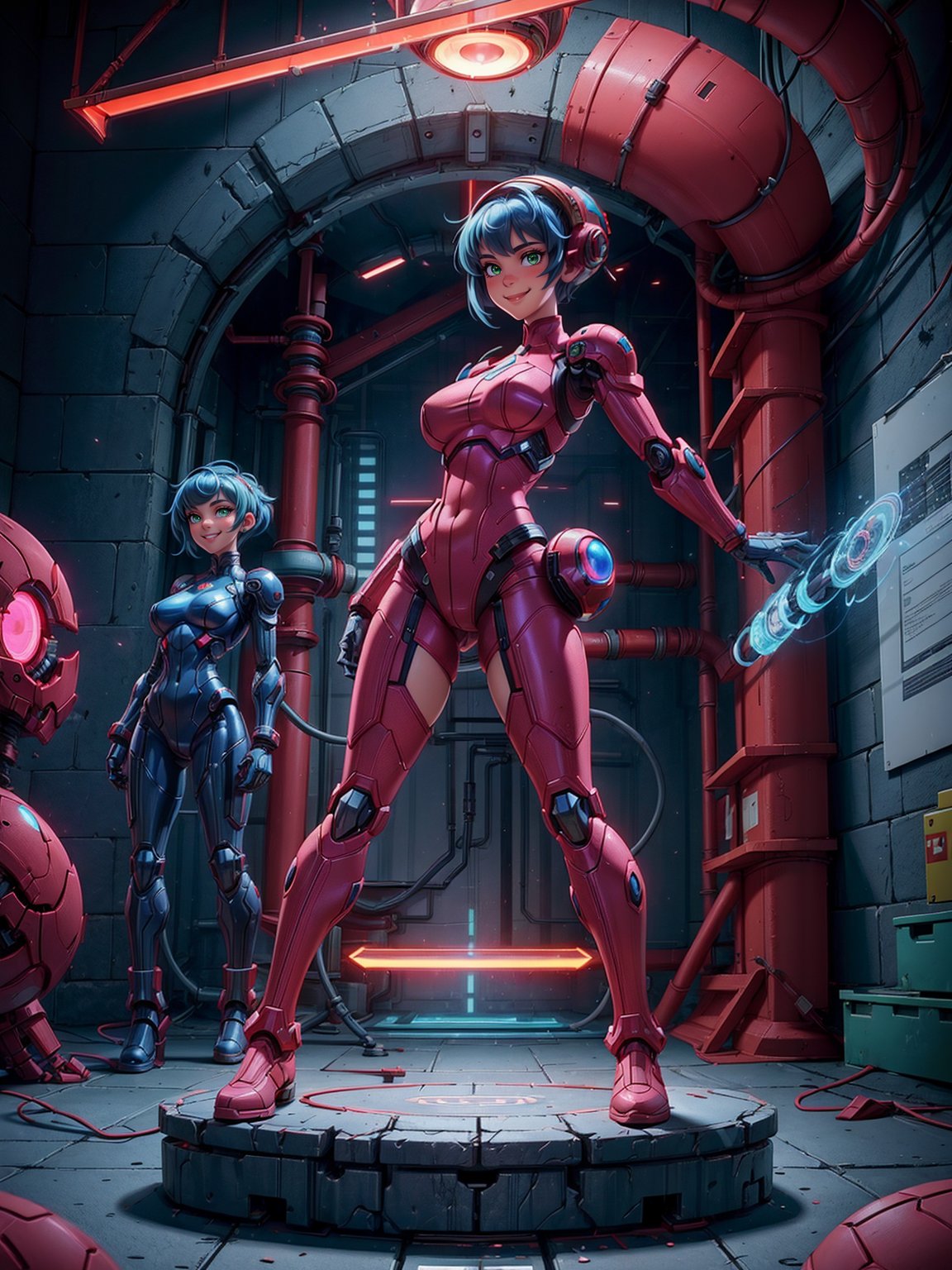 A woman, wearing cybernetic suit+white bionic armor with red bands, gigantic breasts, blue hair, very short hair, mohawk hair, bangs in front of her eyes, helmet on her head, looking at the viewer, (((erotic pose interacting and leaning on an object))), in a laboratory with machines, robots, pipes with luminous lights, windows showing the city, ((full body):1.5). 16k, UHD, best possible quality, ((best possible detail):1), best possible resolution, Unreal Engine 5, professional photography, ((Super Metroid)), perfect_hands,