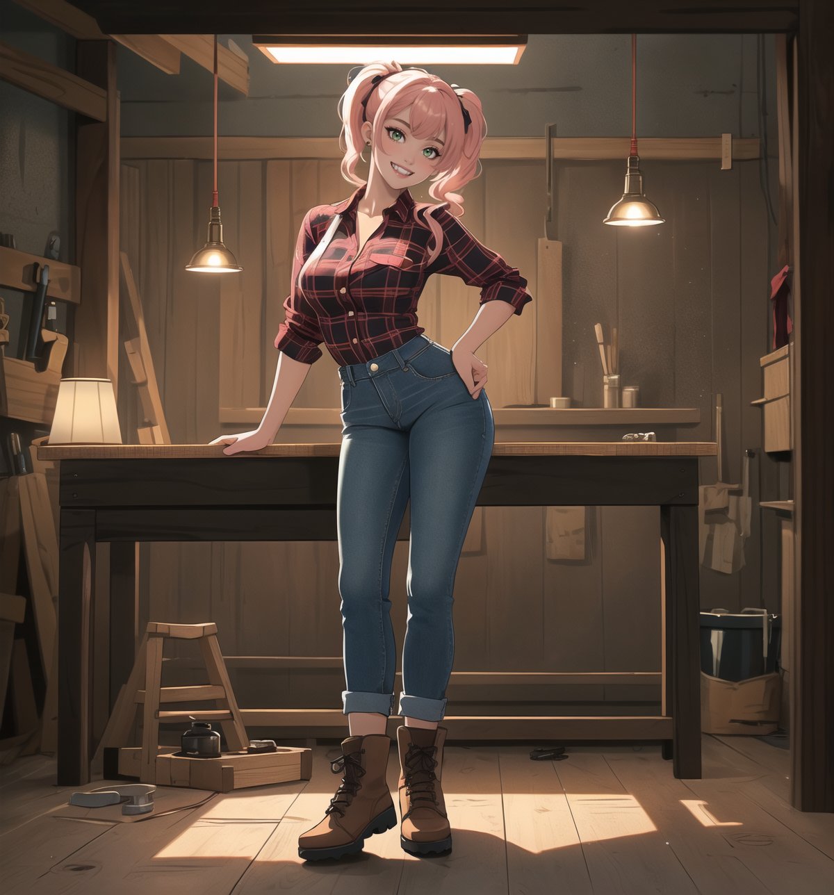 An ultra-detailed 16K masterpiece with realistic and sensual styles, rendered in ultra-high resolution with graphic detail. | A young 26-year-old woman is dressed in a carpenter's outfit, consisting of a red and black plaid shirt, jeans, work boots and a reflective vest with light clips. She has short pink hair, with big bangs, two long pigtails and luminous barrettes. She has green eyes, she is looking at the viewer, while ((smiles, showing her teeth)). She finds herself in a carpentry shop, surrounded by wooden structures, metal structures and work tools. The light from spotlights and work lamps illuminate the environment. | The scene highlights the sensual and confident figure of the young woman, contrasting with the harsh and industrial environment of the carpentry. The details of the carpenter's costume and the luminous lights on the cleats are highlighted by the shadows and reflections of the lamps and spotlights. | Dramatic, contrasting lighting effects from spotlights and work lamps create a tense, sensual atmosphere, while detailed textures on the costume and skin add realism to the image. | A bold and provocative scene of a young woman in a carpenter's costume in a carpentry shop, exploring themes of sensuality, industrial contrast and confidence. | (((((The image reveals a full-body shot as she strikes a sensual pose, engagingly leaning against a structure within the scene in a thrilling manner. As she leans back, she assumes a sensual pose, leaning against the structure and reclining in an exciting way.))))). | ((full-body shot)), ((perfect pose)), ((perfect fingers, better hands, perfect hands)), ((perfect legs, perfect feet)), ((huge breasts)), ((perfect design)), ((perfect composition)), ((very detailed scene, very detailed background, perfect layout, correct imperfections)), More Detail, Enhance