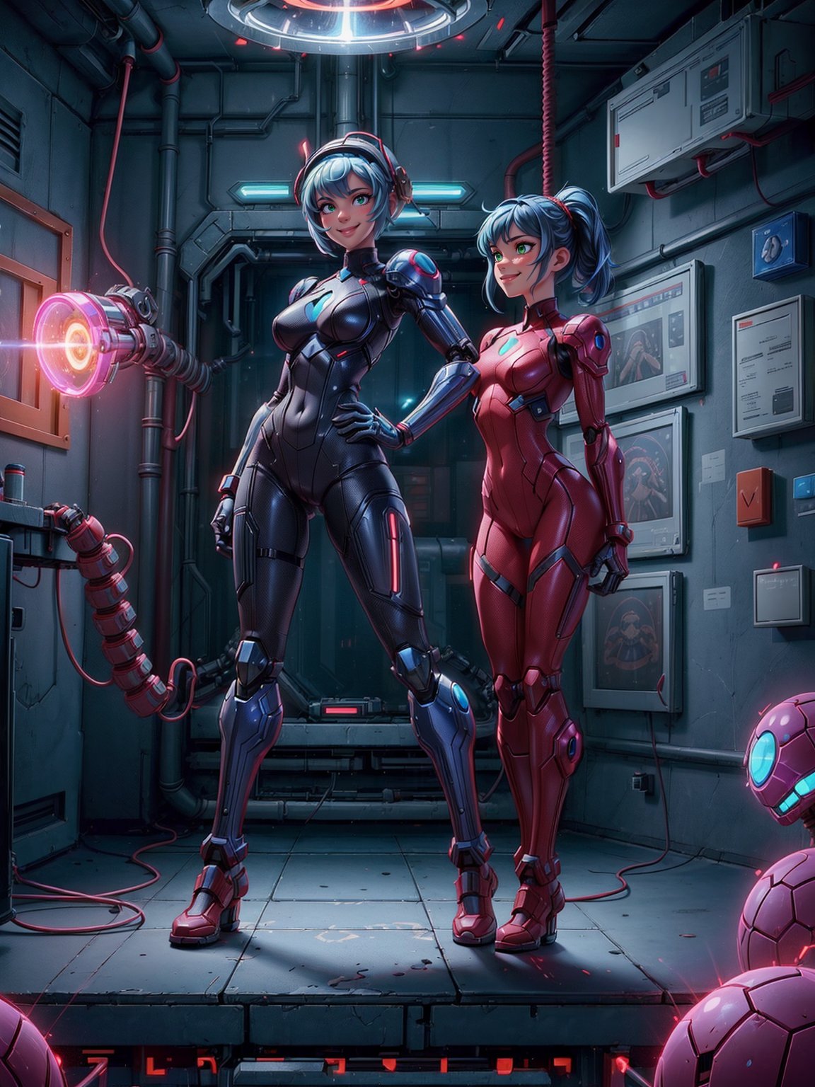 A woman, wearing cybernetic suit+white bionic armor with red bands, gigantic breasts, blue hair, very short hair, mohawk hair, bangs in front of her eyes, helmet on her head, looking at the viewer, (((erotic pose interacting and leaning on an object))), in a laboratory with machines, robots, pipes with luminous lights, windows showing the city, ((full body):1.5). 16k, UHD, best possible quality, ((best possible detail):1), best possible resolution, Unreal Engine 5, professional photography, ((Super Metroid)), perfect_hands,