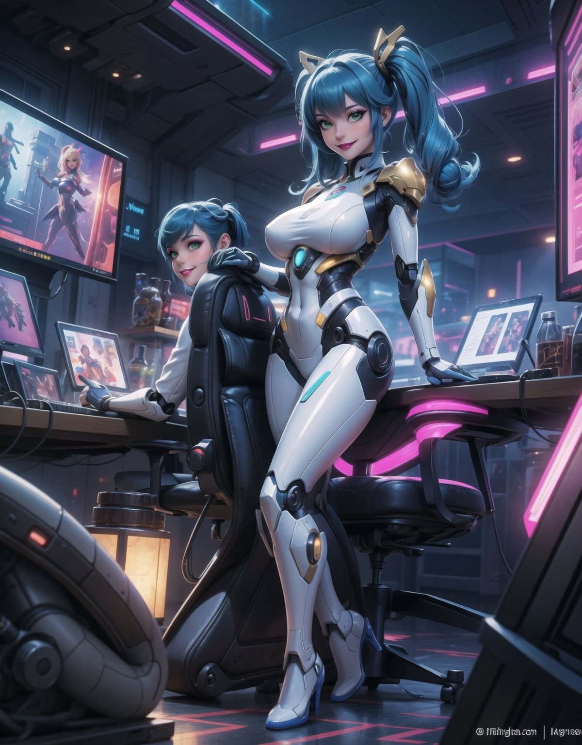 Masterpiece in 4K quality, featuring the Super Metroid style with a futuristic fusion of mecha musume. | A beautiful woman with a robotic body, clad in an all-white mecha musume suit adorned with small blue areas and circular golden lights. Her blue hair, with abundant bangs covering the right eye, two pigtails, and disheveled, adds a unique touch to her appearance. The expression of pure joy reflects directly to the viewer as she adopts a sensual pose, leaning back in a dynamic way and reclining on a large structure in the scene. | Inside an ultra-technological aircraft, the setting is filled with machines, computers, futuristic structures, and Super Metroid-style monitors. The camera is very close, focusing on her entire body, revealing every detail of the cybernetic armor and puppet-like limbs. | She is immersed in her environment, interacting with enthusiasm as she sensually leans on the structure, providing a dynamic and exciting scene. | She is adopting a ((sensual pose as interacts, boldly leaning on a large structure, leaning back in a dynamic way):1.3), ((full body)), perfect hand, fingers, hand, perfect, better_hands, Big, More Detail,3d