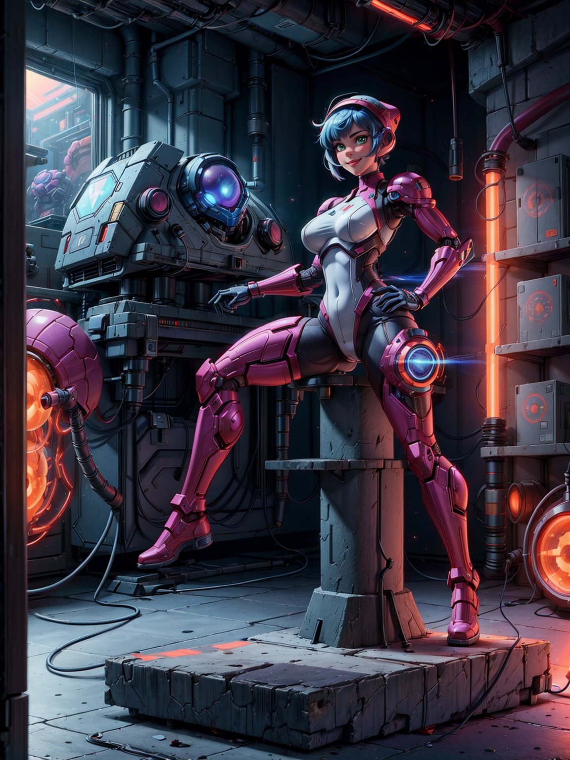 A woman, wearing cybernetic suit+white bionic armor with red bands, gigantic breasts, blue hair, very short hair, mohawk hair, bangs in front of her eyes, helmet on her head, looking at the viewer, (((erotic pose interacting and leaning on an object))), in a laboratory with machines, robots, pipes with luminous lights, windows showing the city, ((full body):1.5). 16k, UHD, best possible quality, ((best possible detail):1), best possible resolution, Unreal Engine 5, professional photography, ((Super Metroid)), perfect_hands,