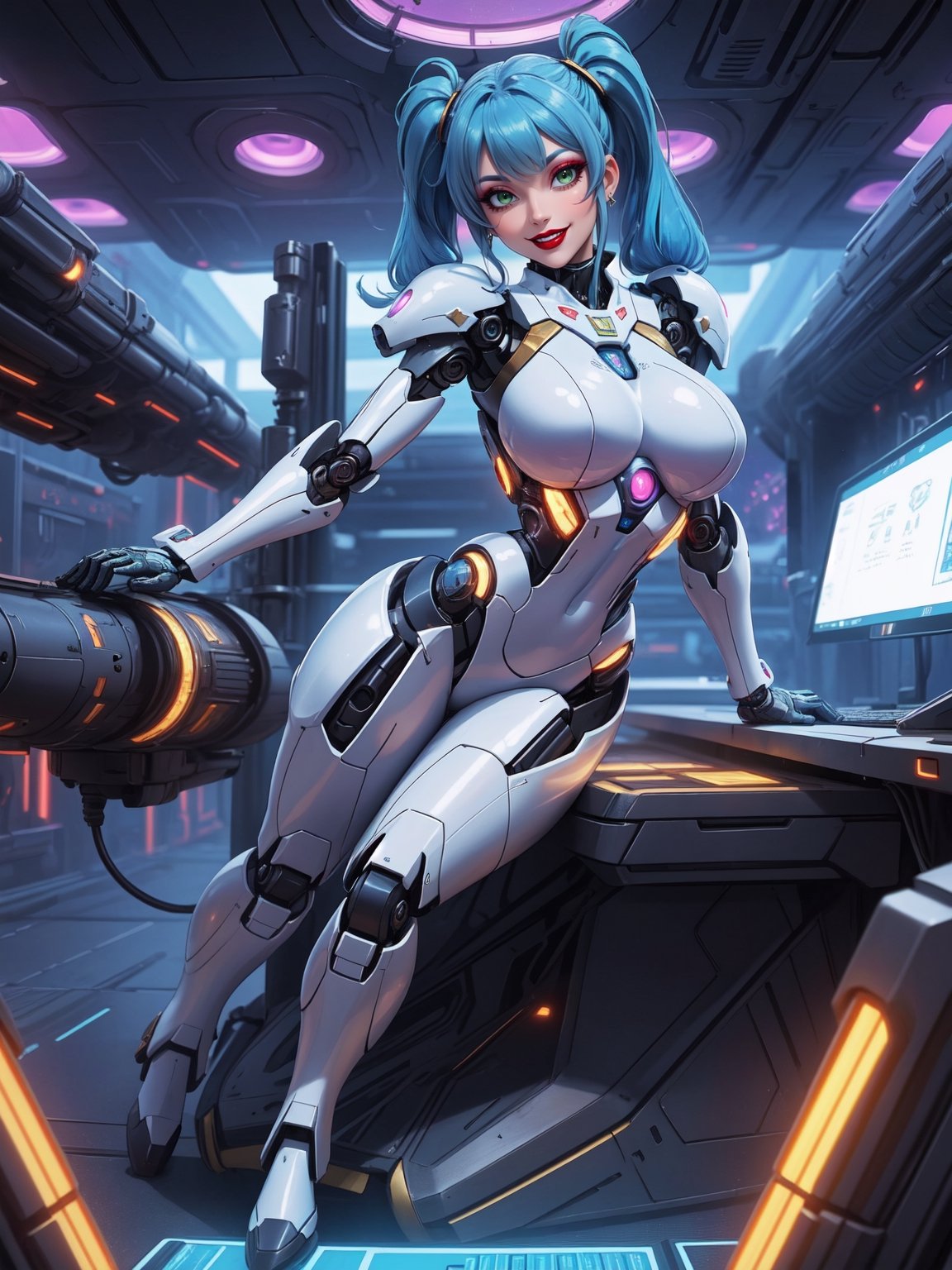 Masterpiece in 4K quality, featuring the Super Metroid style with a futuristic fusion of mecha musume. | A beautiful woman with a robotic body, clad in an all-white mecha musume suit adorned with small blue areas and circular golden lights. Her blue hair, with abundant bangs covering the right eye, two pigtails, and disheveled, adds a unique touch to her appearance. The expression of pure joy reflects directly to the viewer as she adopts a sensual pose, leaning back in a dynamic way and reclining on a large structure in the scene. | Inside an ultra-technological aircraft, the setting is filled with machines, computers, futuristic structures, and Super Metroid-style monitors. The camera is very close, focusing on her entire body, revealing every detail of the cybernetic armor and puppet-like limbs. | She is immersed in her environment, interacting with enthusiasm as she sensually leans on the structure, providing a dynamic and exciting scene. | She is adopting a ((sensual pose as interacts, boldly leaning on a large structure in the scene, leaning back in a sensual way, adding a unique touch to the scene.):1.3), ((full body image)), perfect hand, fingers, hand, perfect, better_hands, Big, More Detail.