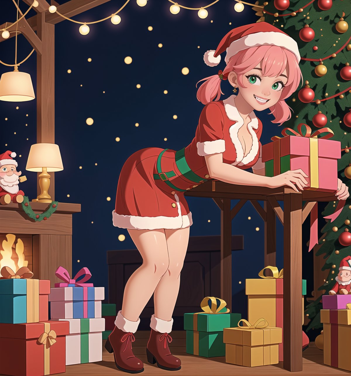 A razor-sharp 4K masterpiece with a realistic, festive style, rendered in ultra-high resolution with graphic detail. | A young 27-year-old woman, with short pink hair and two long pigtails, is dressed in a Santa Claus costume, consisting of a red blouse with white details, a red skirt, red and white striped socks, black boots and a hat Santa Claus with luminous clips. She has green eyes, she is looking at the viewer, while ((smiles, showing her teeth)). She finds herself inside a toy workshop, surrounded by wooden structures, metal structures, toys and stacked gifts. The light from the Christmas garlands and lamps illuminate the room, creating dramatic shadows and highlighting the details of the scene. | The image highlights the woman's figure, her clothes and accessories, as well as the toy workshop elements around her. The details of toys, gifts and decorations add realism to the image. | Soft, moody lighting effects create a cozy, holiday-filled atmosphere, while detailed textures on skin and fabrics add realism to the image. | A festive and joyful scene of a young woman as Santa Claus in her workshop, exploring themes of joy, fun and Christmas spirit. | (((((The image reveals a full-body shot as she strikes a sensual pose, engagingly leaning against a structure within the scene in a thrilling manner. As she leans back, she assumes a sensual pose, leaning against the structure and reclining in an exciting way.))))). | ((full-body shot)), ((perfect pose)), ((perfect fingers, better hands, perfect hands)), ((perfect legs, perfect feet)), ((huge breasts)), ((perfect design)), ((perfect composition)), ((very detailed scene, very detailed background, perfect layout, correct imperfections)), More Detail, Enhance