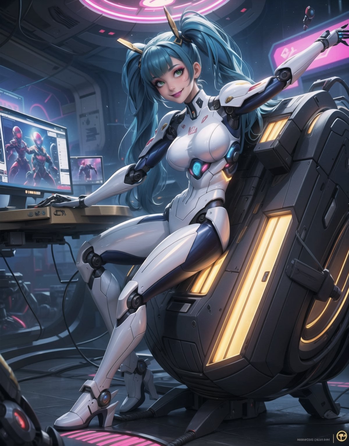 Masterpiece in 4K quality, featuring the Super Metroid style with a futuristic fusion of mecha musume. | A beautiful woman with a robotic body, clad in an all-white mecha musume suit adorned with small blue areas and circular golden lights. Her blue hair, with abundant bangs covering the right eye, two pigtails, and disheveled, adds a unique touch to her appearance. The expression of pure joy reflects directly to the viewer as she adopts a sensual pose, leaning back in a dynamic way and reclining on a large structure in the scene. | Inside an ultra-technological aircraft, the setting is filled with machines, computers, futuristic structures, and Super Metroid-style monitors. The camera is very close, focusing on her entire body, revealing every detail of the cybernetic armor and puppet-like limbs. | She is immersed in her environment, interacting with enthusiasm as she sensually leans on the structure, providing a dynamic and exciting scene. | She is adopting a ((sensual pose as interacts, boldly leaning on a large structure, leaning back in a dynamic way):1.3), ((full body)), perfect hand, fingers, hand, perfect, better_hands, Big, More Detail,3d