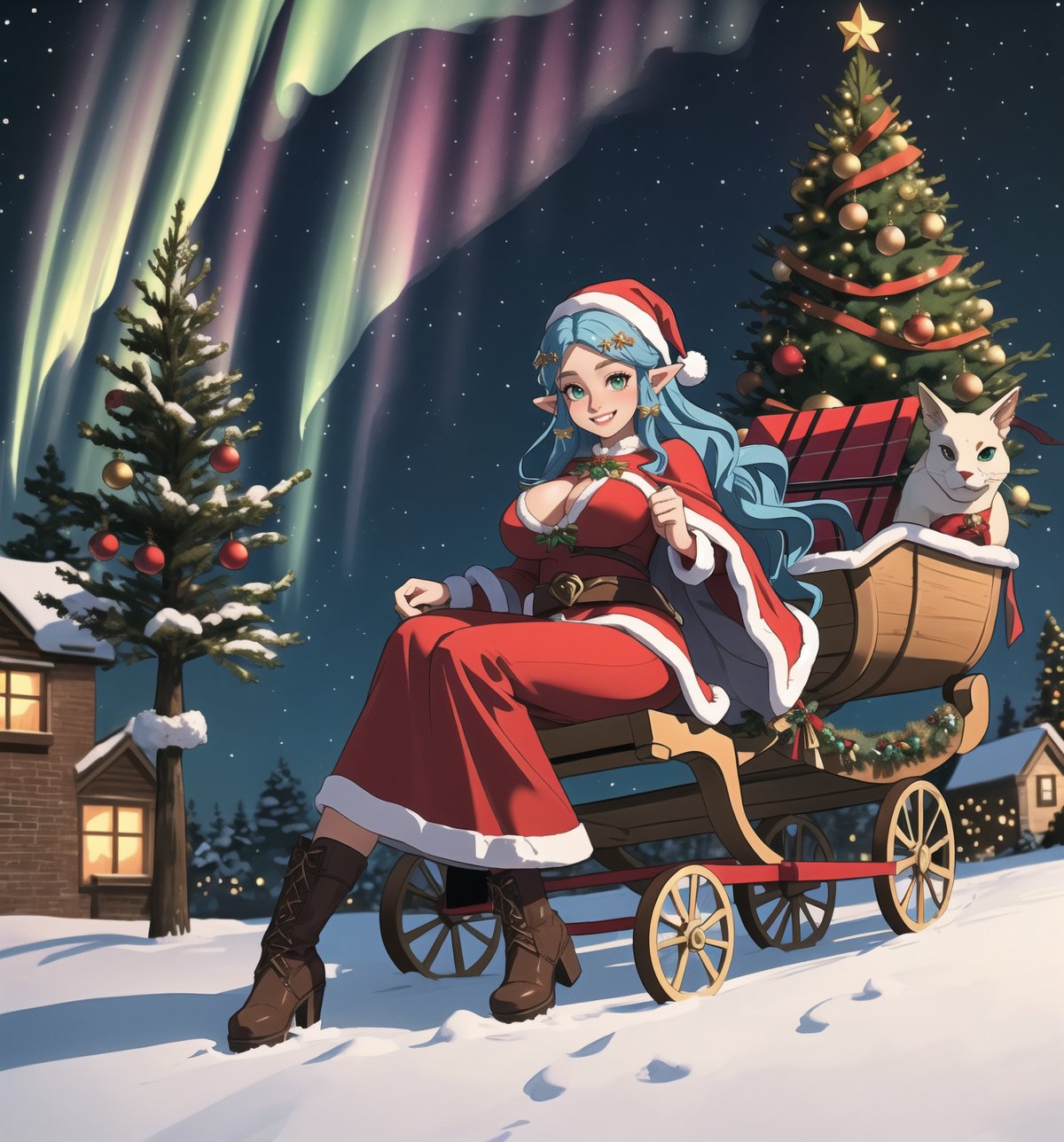 An ultra-detailed 16K masterpiece with Fantasy and Christmas styles, rendered in ultra-high resolution with realistic details. | Princess Zelda, a 25-year-old woman, dressed in a Mrs. Claus costume. The costume is red and white, with gold details, and has several accessories, such as a Santa hat, a cape and black boots. Her blue hair is long and wavy, tied in a high bun. She has green eyes, looking at the viewer, ((smiling and showing her teeth)). It is located in front of a brick house, with wooden structures, a sleigh, bags of gifts, toys and a Christmas tree. It's night, and the aurora borealis lights up the sky, creating a magical and enchanted atmosphere. | The image highlights Princess Zelda's sensual and seductive figure and the festive and magical elements of the scene. The brick house, the sleigh, the gift bags, the toys and the Christmas tree, together with the woman dressed as Mrs. Claus, create a magical and cozy environment. The aurora borealis lighting up the sky adds a touch of drama and mystery to the scene. The shadows created by the light of the aurora borealis highlight the details of the scene and create a tense and magical atmosphere. | Dramatic and vibrant lighting effects create a magical and immersive atmosphere, while detailed textures on the structures, sleigh, Christmas tree and costume add realism to the image. | An exciting and festive scene of Princess Zelda dressed as Mrs. Claus in front of a brick house, exploring themes of fantasy, magic and seduction. | (((The image reveals a full-body_shot as the Princess Zelda assumes a sensual pose, engagingly leaning against a structure within the scene in an exciting manner. She takes on a sensual pose as she interacts, boldly leaning on a structure, leaning back and boldly throwing herself onto the structure, reclining back in an exhilarating way.))). | (((full-body_shot))), ((perfect pose)), ((perfect fingers, better hands, perfect hands)), ((perfect legs, perfect feet)), ((huge breasts)), ((perfect design)), ((perfect composition)), ((very detailed scene, very detailed background, perfect layout, correct imperfections)), More Detail, Enhance