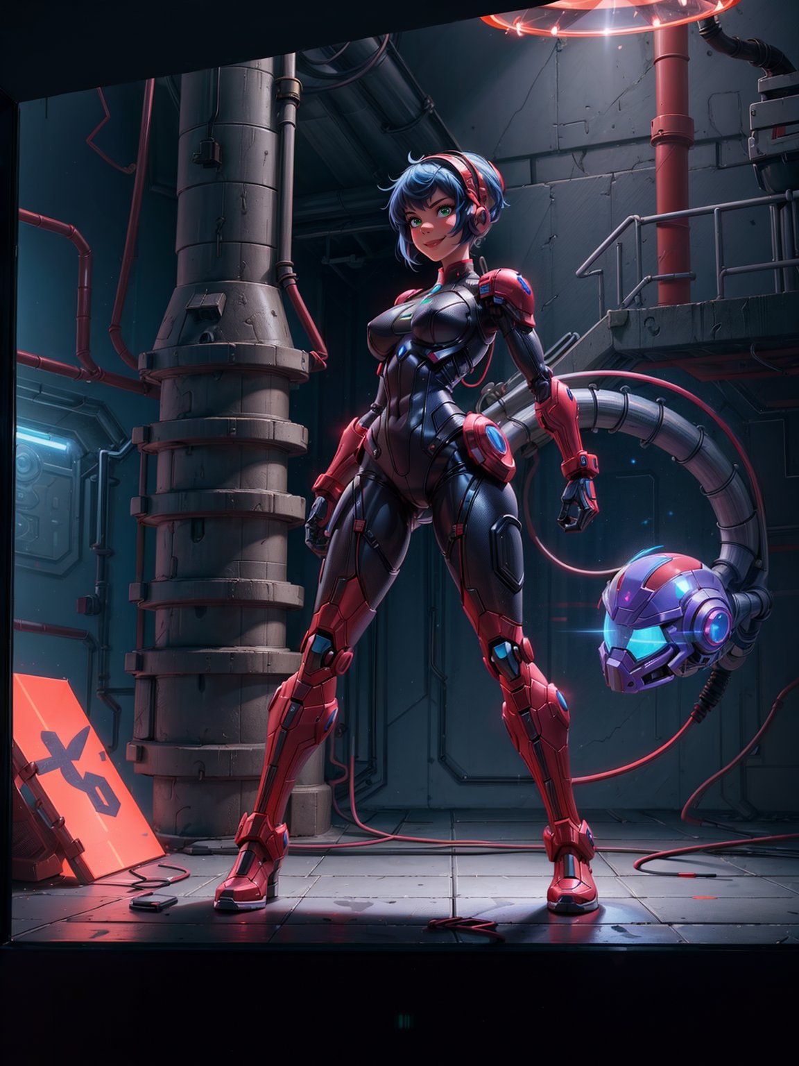 A woman, wearing cybernetic suit+white bionic armor with red bands, gigantic breasts, blue hair, very short hair, mohawk hair, bangs in front of her eyes, helmet on her head, looking at the viewer, (((erotic pose interacting and leaning on an object))), in a laboratory with machines, robots, pipes with luminous lights, windows showing the city, ((full body):1.5). 16k, UHD, best possible quality, ((best possible detail):1), best possible resolution, Unreal Engine 5, professional photography, ((Super Metroid)), perfect_hands,