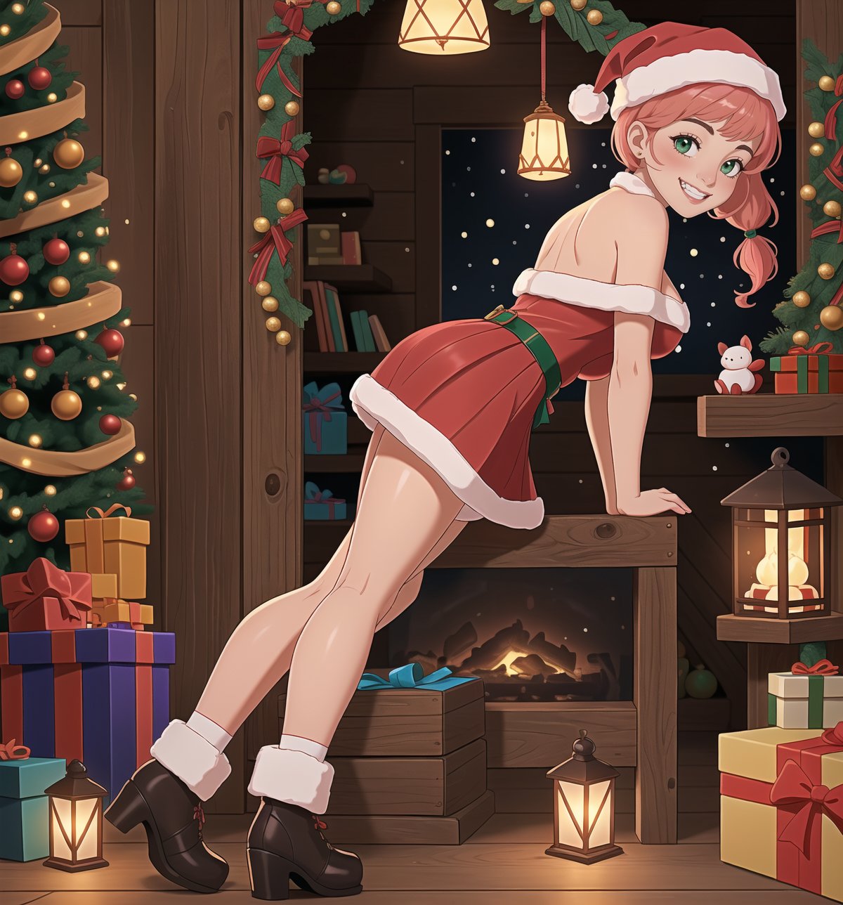 A razor-sharp 4K masterpiece with a realistic, festive style, rendered in ultra-high resolution with graphic detail. | A young 27-year-old woman, with short pink hair and two long pigtails, is dressed in a Santa Claus costume, consisting of a red blouse with white details, a red skirt, red and white striped socks, black boots and a hat Santa Claus with luminous clips. She has green eyes, she is looking at the viewer, while ((smiles, showing her teeth)). She finds herself inside a toy workshop, surrounded by wooden structures, metal structures, toys and stacked gifts. The light from the Christmas garlands and lamps illuminate the room, creating dramatic shadows and highlighting the details of the scene. | The image highlights the woman's figure, her clothes and accessories, as well as the toy workshop elements around her. The details of toys, gifts and decorations add realism to the image. | Soft, moody lighting effects create a cozy, holiday-filled atmosphere, while detailed textures on skin and fabrics add realism to the image. | A festive and joyful scene of a young woman as Santa Claus in her workshop, exploring themes of joy, fun and Christmas spirit. | (((((The image reveals a full-body shot as she strikes a sensual pose, engagingly leaning against a structure within the scene in a thrilling manner. As she leans back, she assumes a sensual pose, leaning against the structure and reclining in an exciting way.))))). | ((full-body shot)), ((perfect pose)), ((perfect fingers, better hands, perfect hands)), ((perfect legs, perfect feet)), ((huge breasts)), ((perfect design)), ((perfect composition)), ((very detailed scene, very detailed background, perfect layout, correct imperfections)), More Detail, Enhance